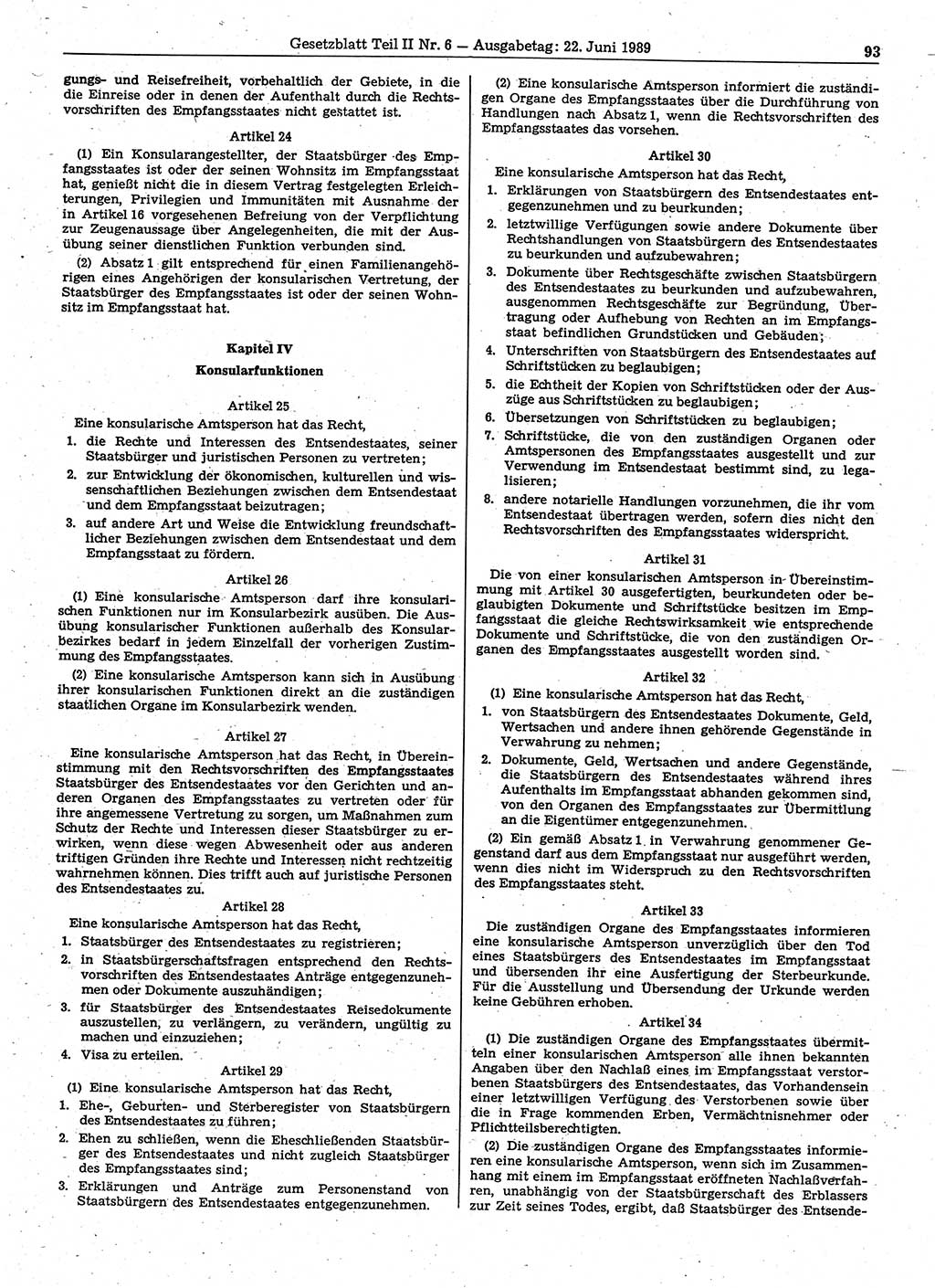Gesetzblatt (GBl.) der Deutschen Demokratischen Republik (DDR) Teil ⅠⅠ 1989, Seite 93 (GBl. DDR ⅠⅠ 1989, S. 93)