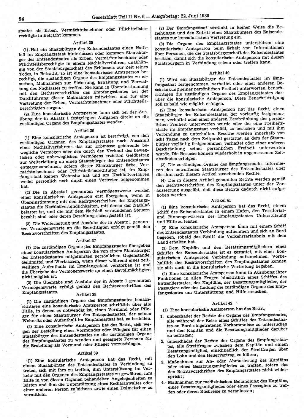 Gesetzblatt (GBl.) der Deutschen Demokratischen Republik (DDR) Teil ⅠⅠ 1989, Seite 94 (GBl. DDR ⅠⅠ 1989, S. 94)