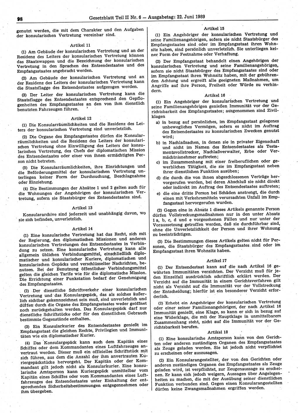 Gesetzblatt (GBl.) der Deutschen Demokratischen Republik (DDR) Teil ⅠⅠ 1989, Seite 98 (GBl. DDR ⅠⅠ 1989, S. 98)