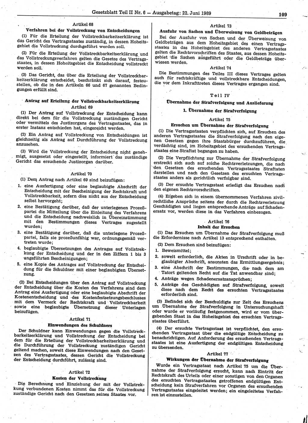 Gesetzblatt (GBl.) der Deutschen Demokratischen Republik (DDR) Teil ⅠⅠ 1989, Seite 109 (GBl. DDR ⅠⅠ 1989, S. 109)