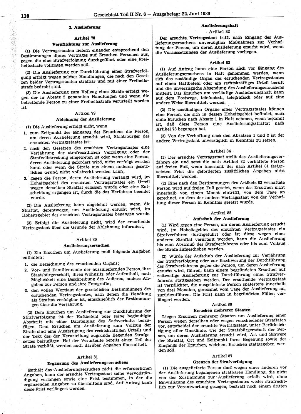 Gesetzblatt (GBl.) der Deutschen Demokratischen Republik (DDR) Teil ⅠⅠ 1989, Seite 110 (GBl. DDR ⅠⅠ 1989, S. 110)