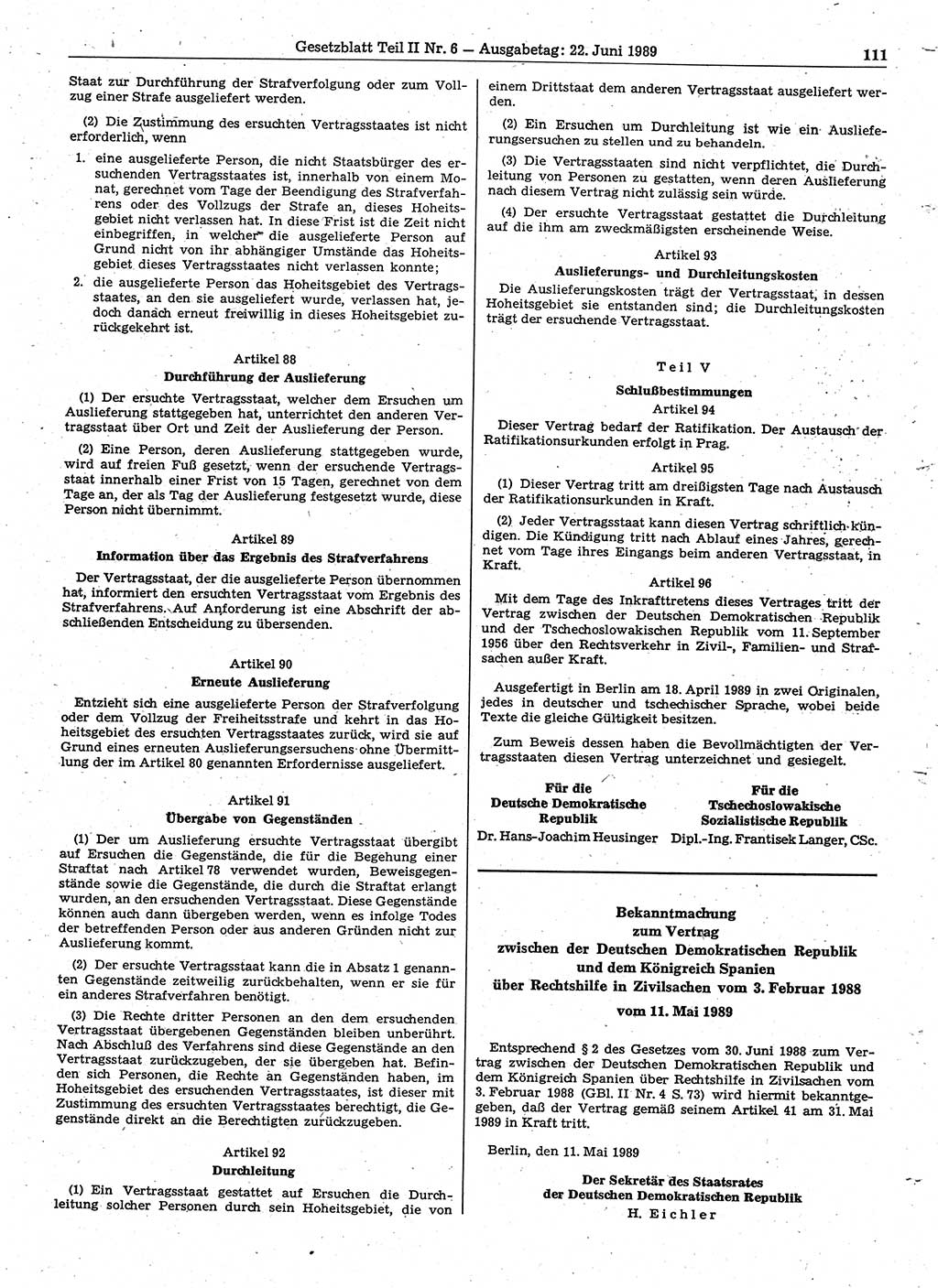 Gesetzblatt (GBl.) der Deutschen Demokratischen Republik (DDR) Teil ⅠⅠ 1989, Seite 111 (GBl. DDR ⅠⅠ 1989, S. 111)
