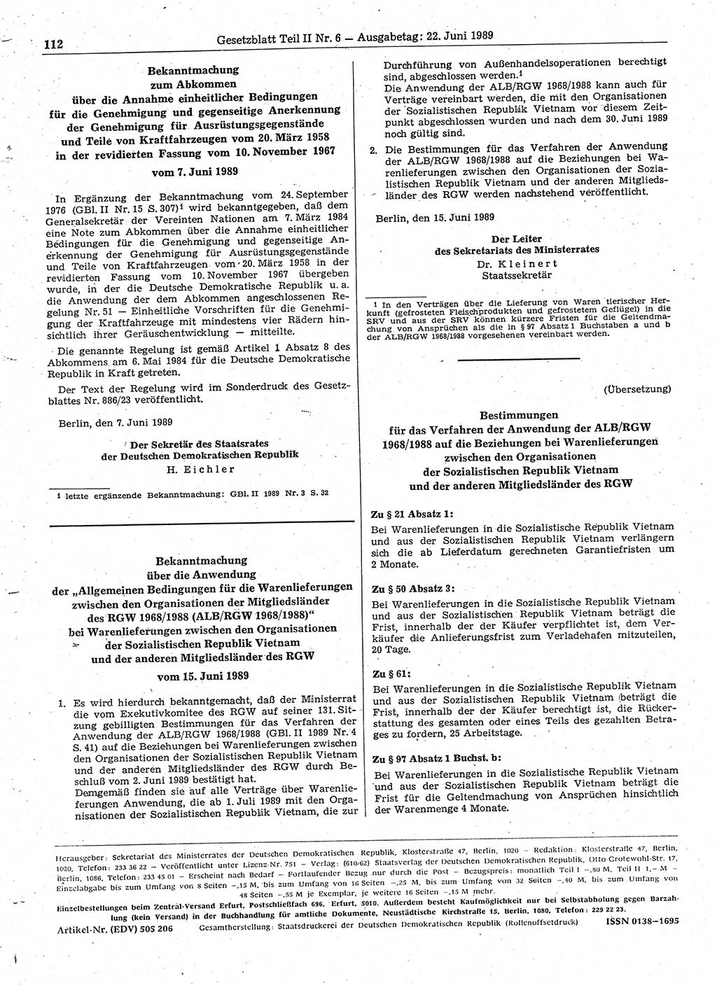 Gesetzblatt (GBl.) der Deutschen Demokratischen Republik (DDR) Teil ⅠⅠ 1989, Seite 112 (GBl. DDR ⅠⅠ 1989, S. 112)