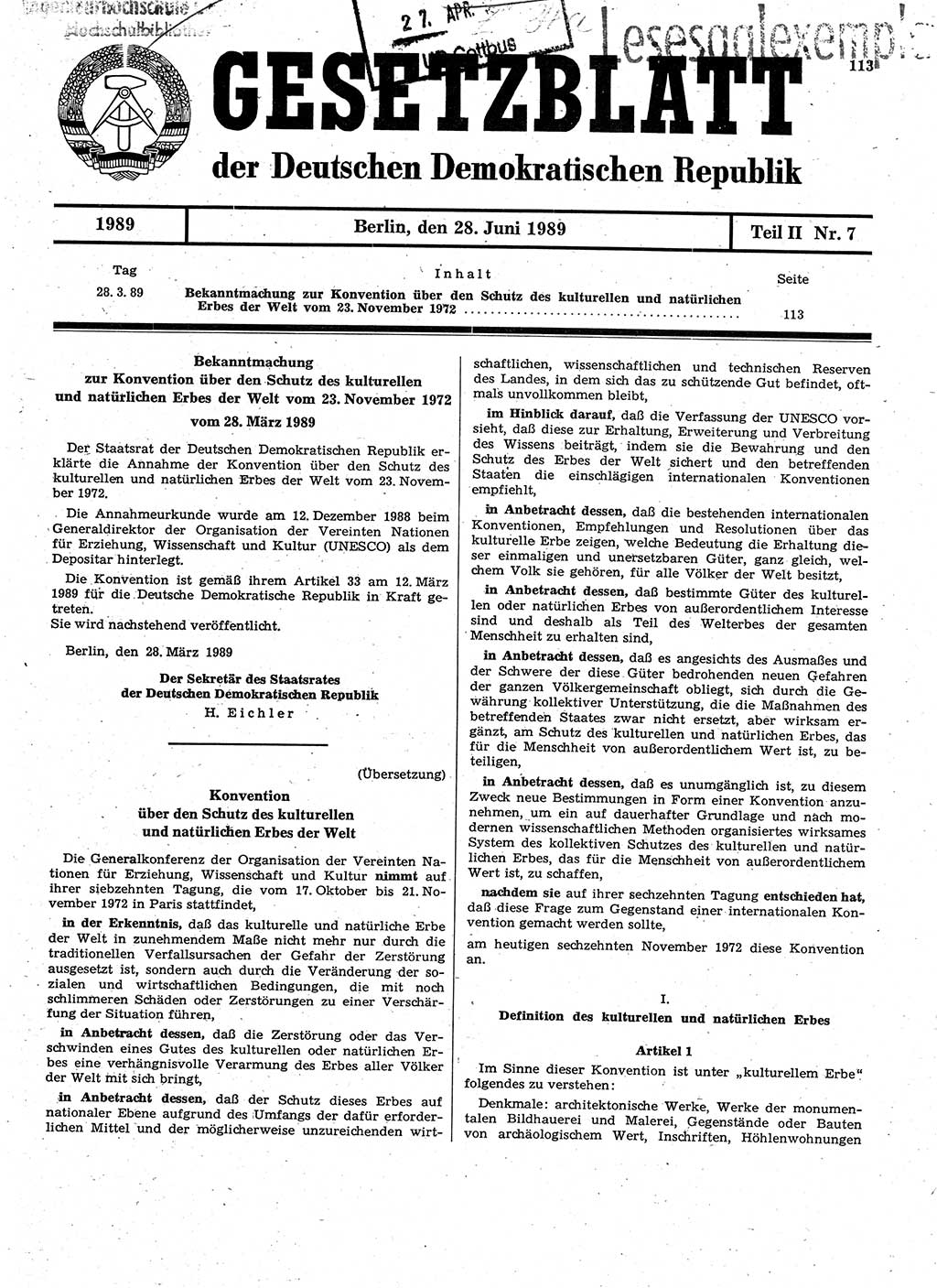 Gesetzblatt (GBl.) der Deutschen Demokratischen Republik (DDR) Teil ⅠⅠ 1989, Seite 113 (GBl. DDR ⅠⅠ 1989, S. 113)