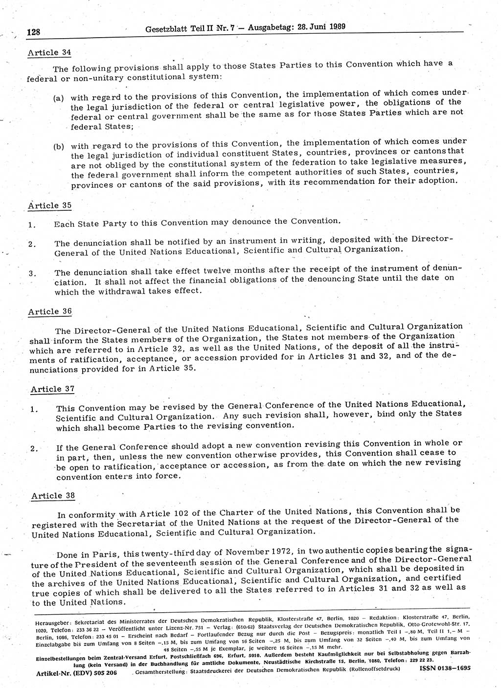 Gesetzblatt (GBl.) der Deutschen Demokratischen Republik (DDR) Teil ⅠⅠ 1989, Seite 128 (GBl. DDR ⅠⅠ 1989, S. 128)