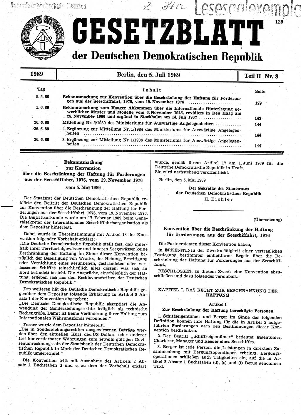 Gesetzblatt (GBl.) der Deutschen Demokratischen Republik (DDR) Teil ⅠⅠ 1989, Seite 129 (GBl. DDR ⅠⅠ 1989, S. 129)