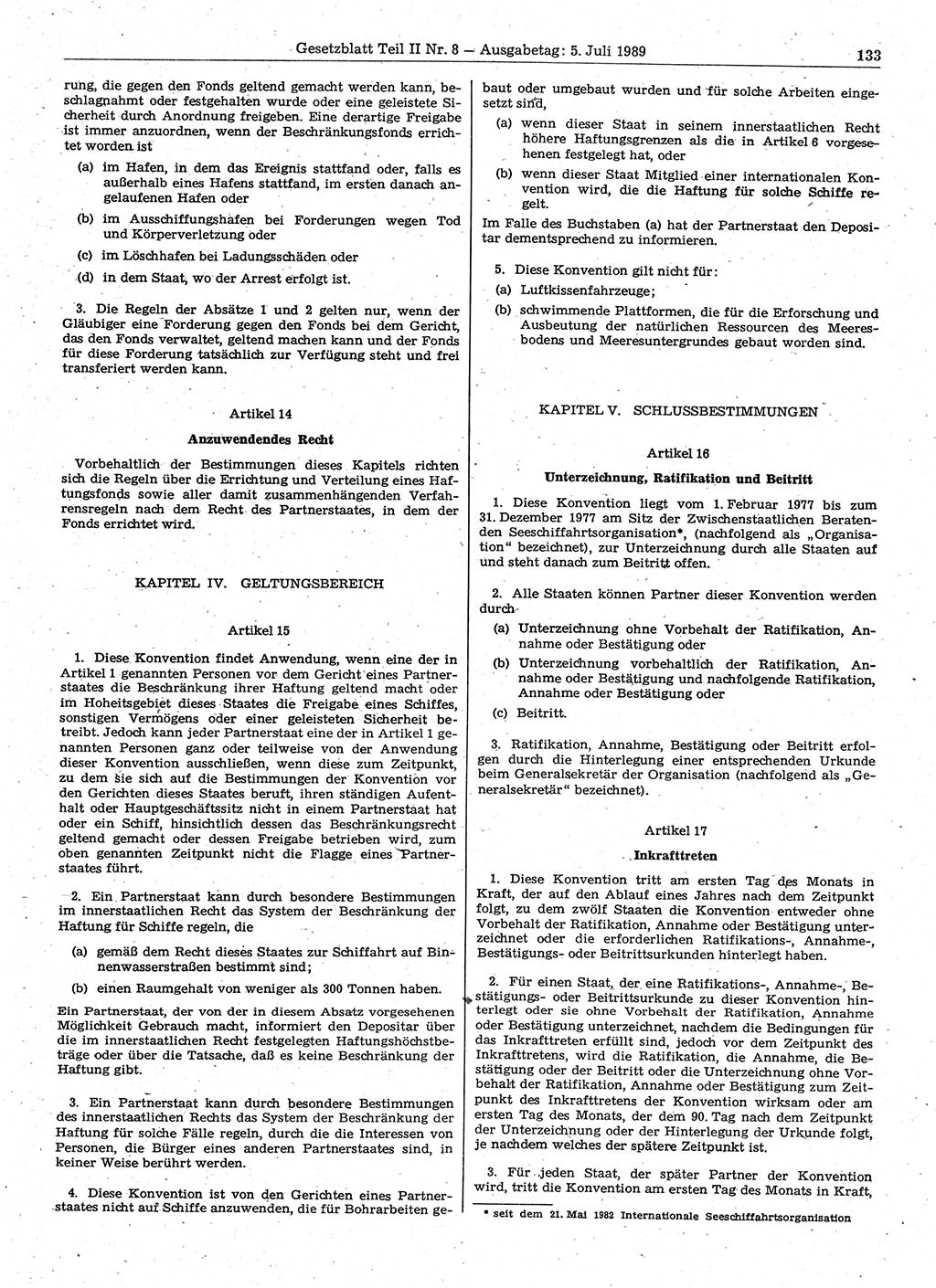 Gesetzblatt (GBl.) der Deutschen Demokratischen Republik (DDR) Teil ⅠⅠ 1989, Seite 133 (GBl. DDR ⅠⅠ 1989, S. 133)