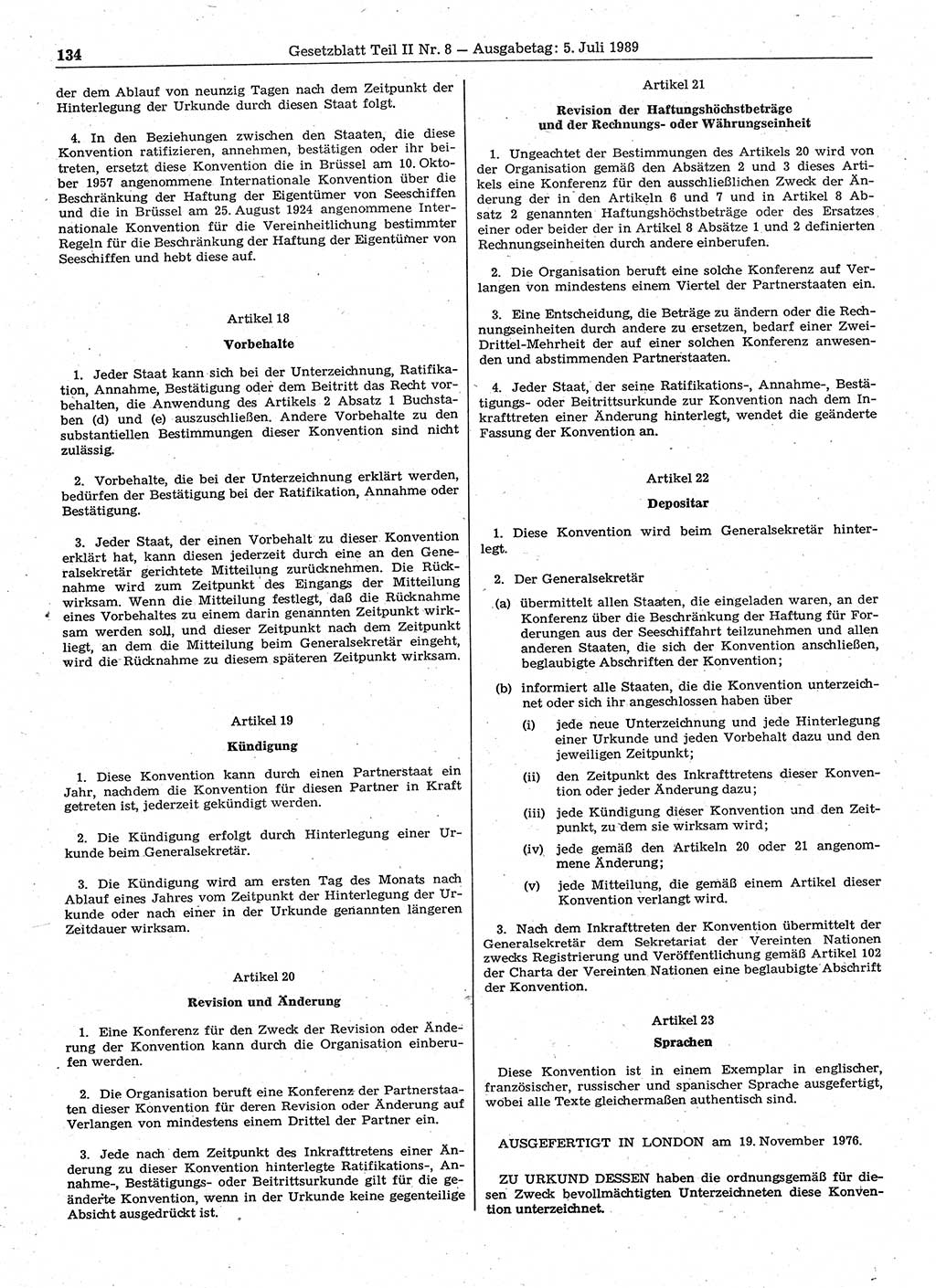 Gesetzblatt (GBl.) der Deutschen Demokratischen Republik (DDR) Teil ⅠⅠ 1989, Seite 134 (GBl. DDR ⅠⅠ 1989, S. 134)