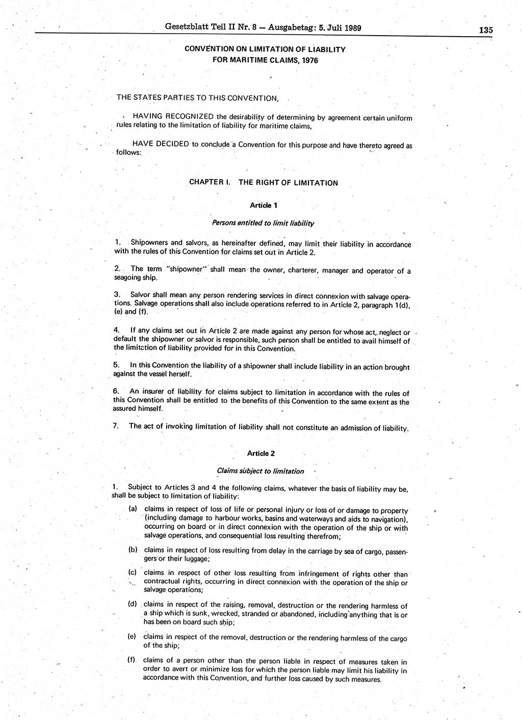Gesetzblatt (GBl.) der Deutschen Demokratischen Republik (DDR) Teil ⅠⅠ 1989, Seite 135 (GBl. DDR ⅠⅠ 1989, S. 135)