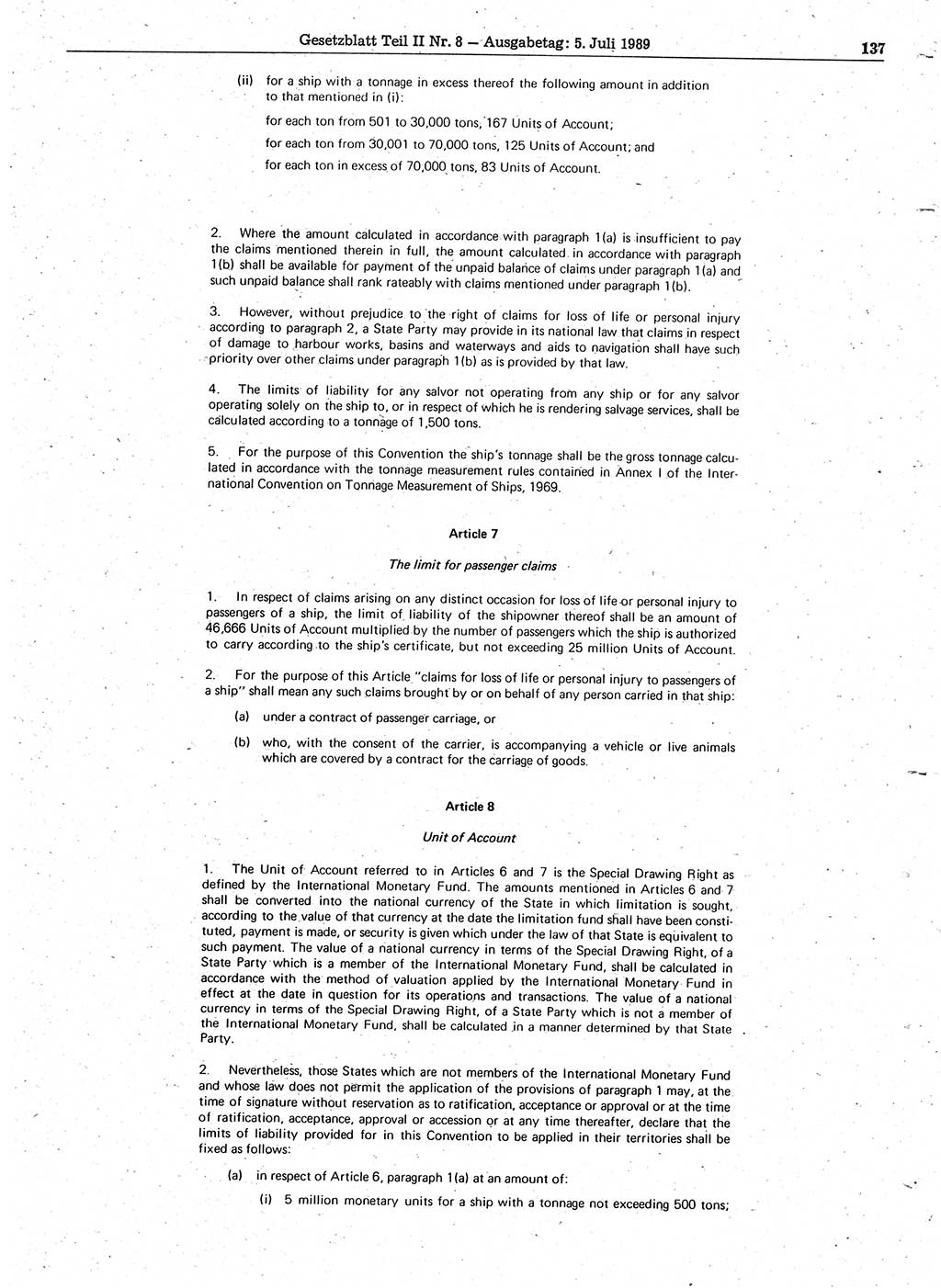 Gesetzblatt (GBl.) der Deutschen Demokratischen Republik (DDR) Teil ⅠⅠ 1989, Seite 137 (GBl. DDR ⅠⅠ 1989, S. 137)