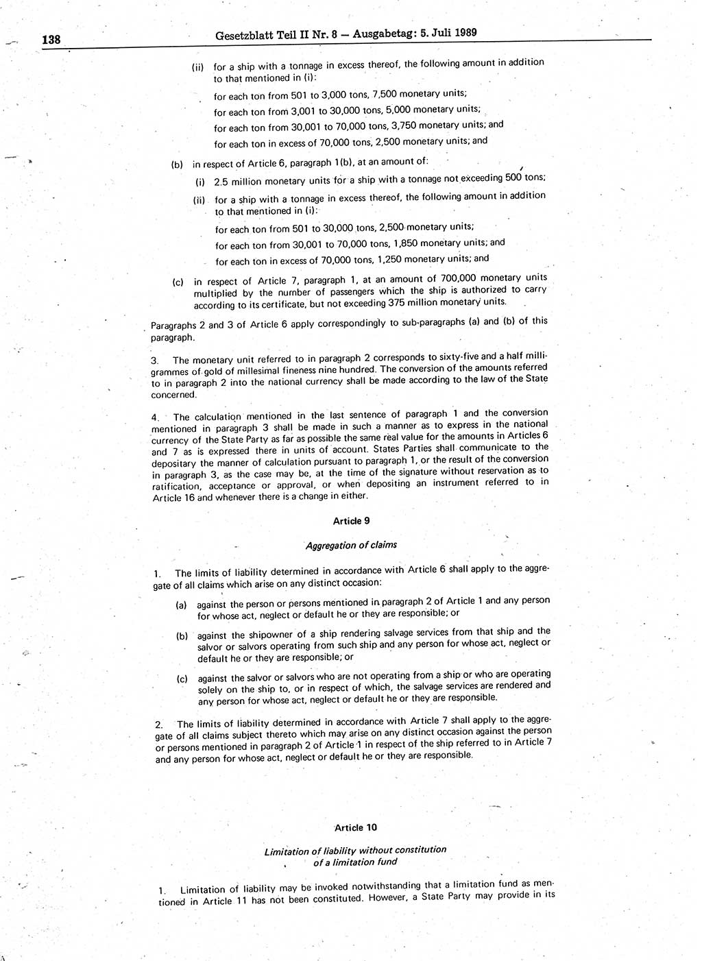 Gesetzblatt (GBl.) der Deutschen Demokratischen Republik (DDR) Teil ⅠⅠ 1989, Seite 138 (GBl. DDR ⅠⅠ 1989, S. 138)