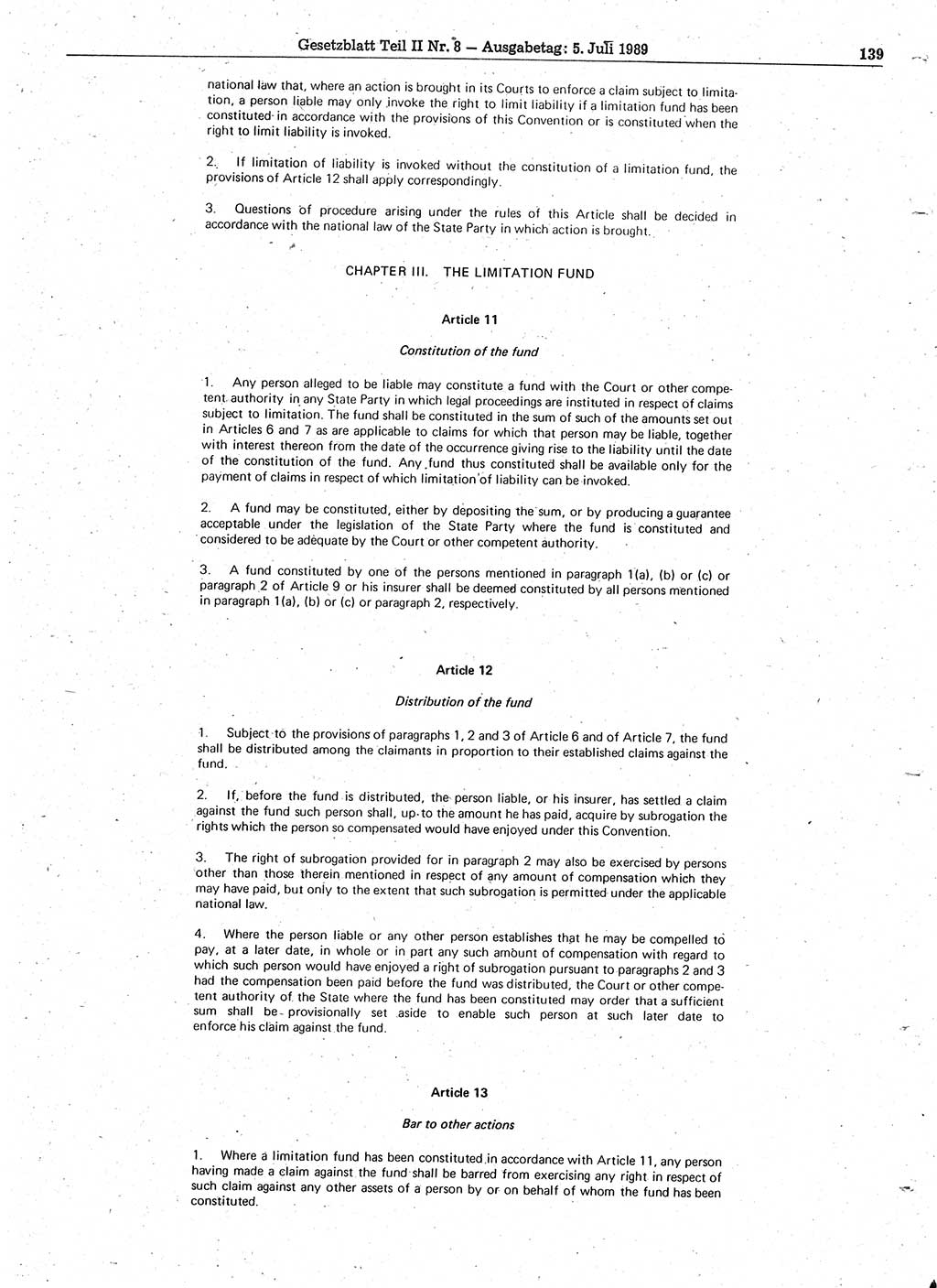 Gesetzblatt (GBl.) der Deutschen Demokratischen Republik (DDR) Teil ⅠⅠ 1989, Seite 139 (GBl. DDR ⅠⅠ 1989, S. 139)
