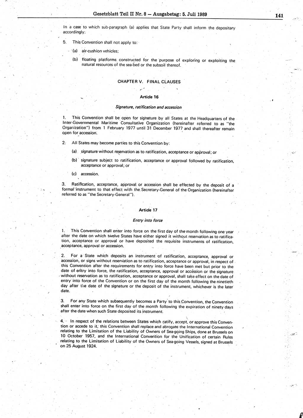Gesetzblatt (GBl.) der Deutschen Demokratischen Republik (DDR) Teil ⅠⅠ 1989, Seite 141 (GBl. DDR ⅠⅠ 1989, S. 141)