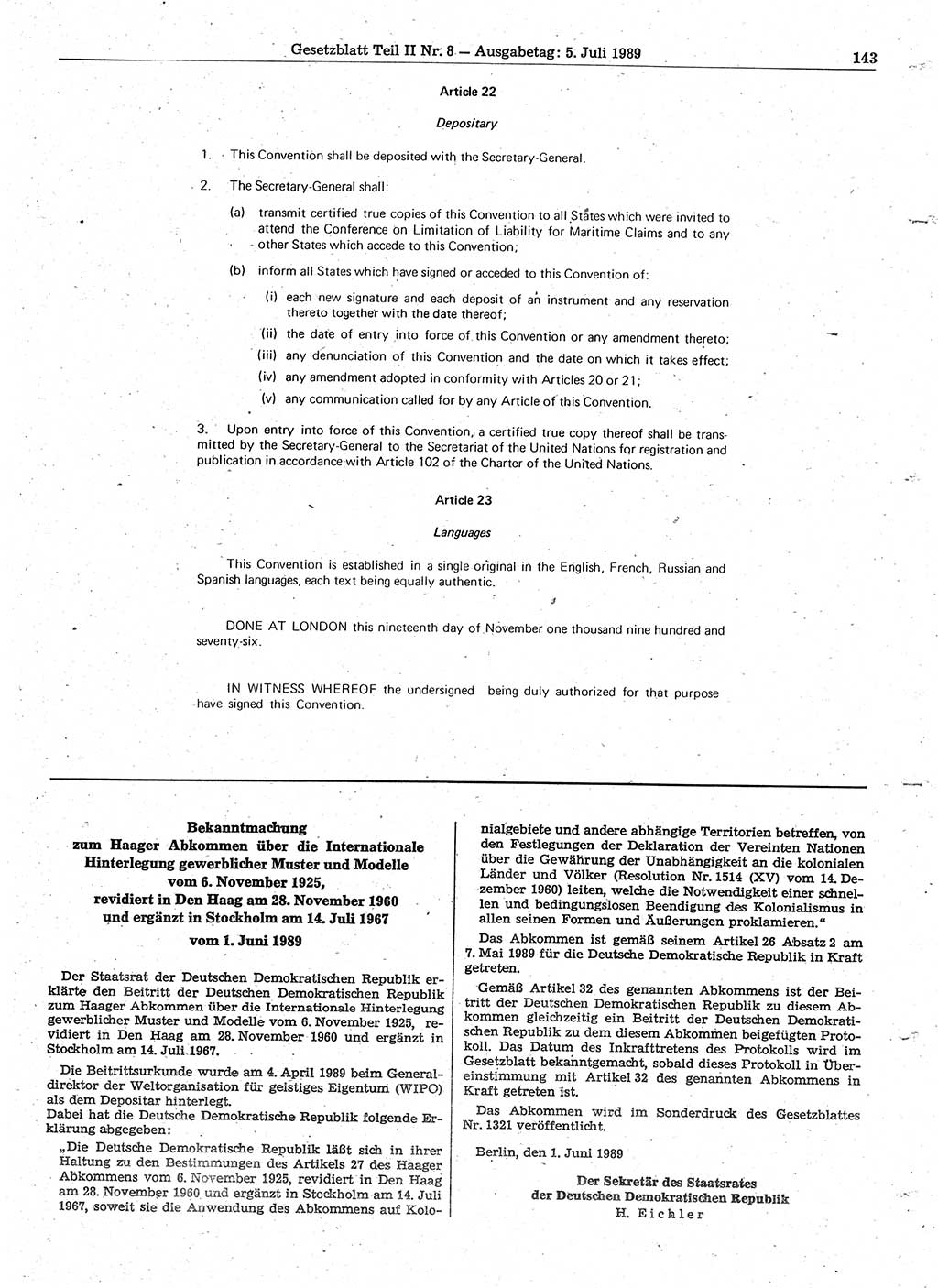 Gesetzblatt (GBl.) der Deutschen Demokratischen Republik (DDR) Teil ⅠⅠ 1989, Seite 143 (GBl. DDR ⅠⅠ 1989, S. 143)
