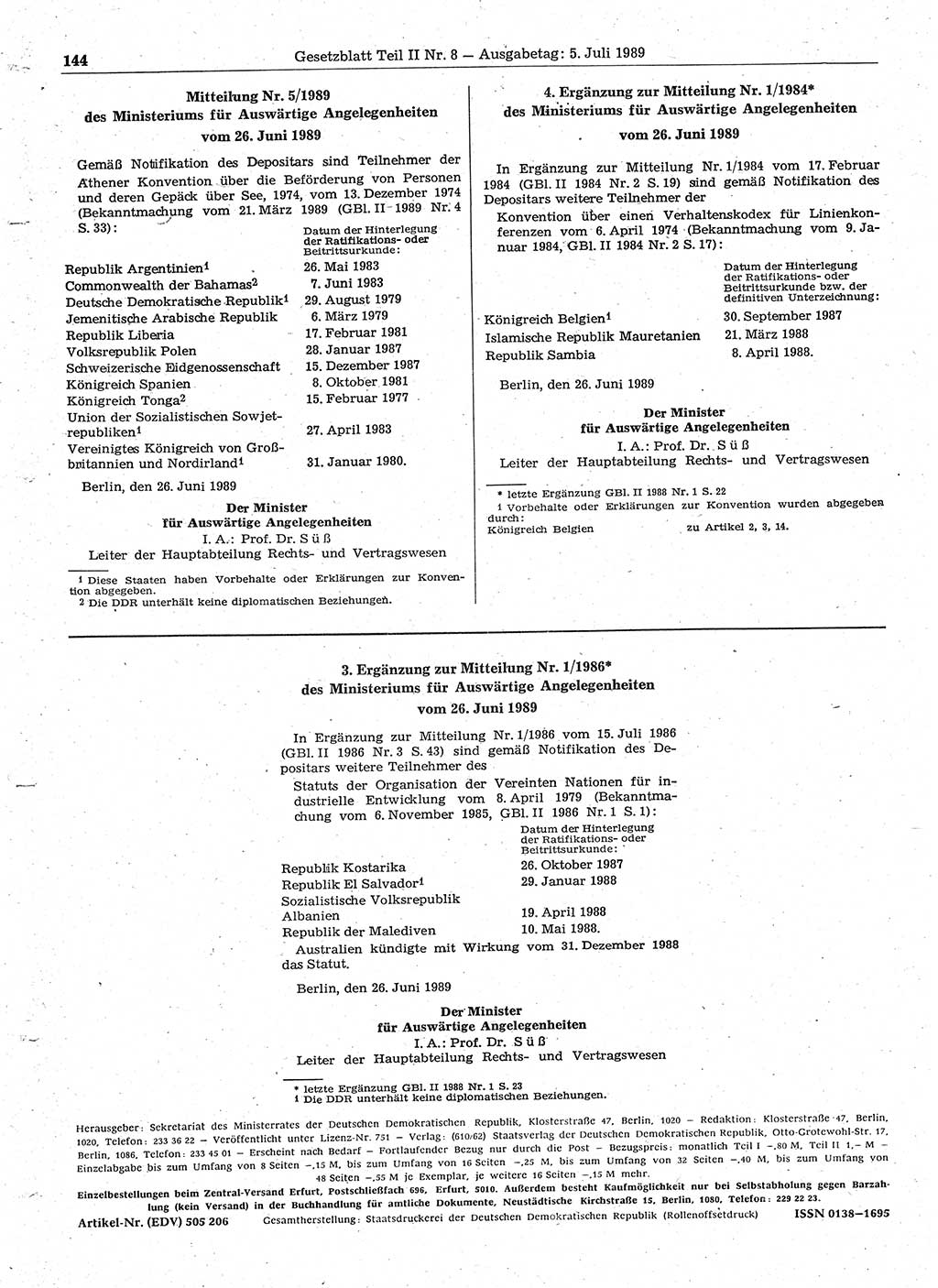 Gesetzblatt (GBl.) der Deutschen Demokratischen Republik (DDR) Teil ⅠⅠ 1989, Seite 144 (GBl. DDR ⅠⅠ 1989, S. 144)