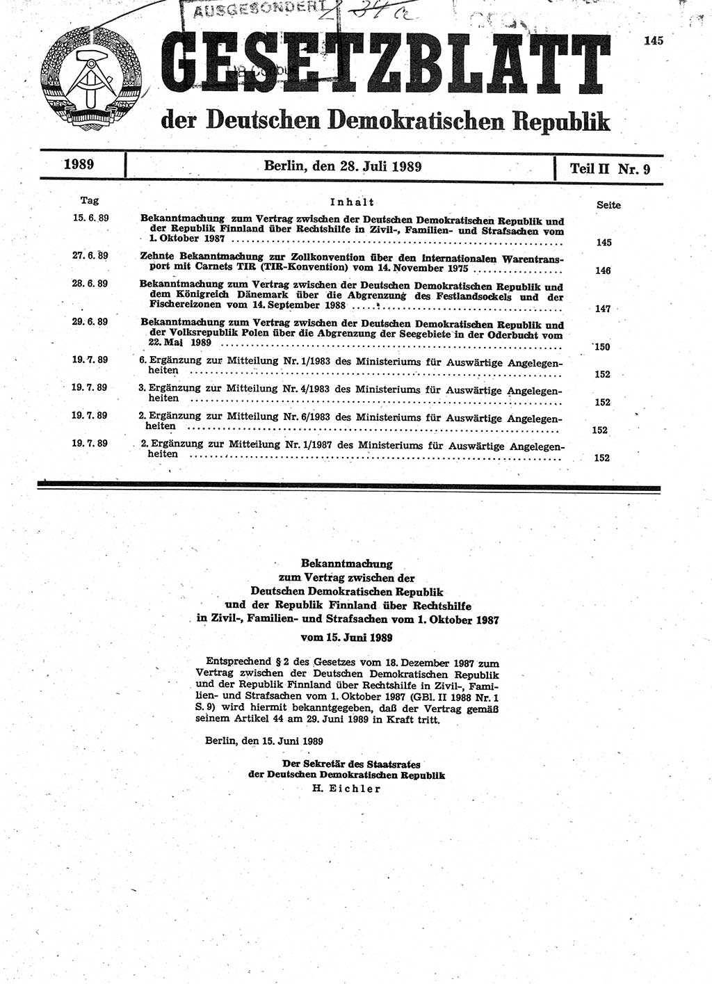 Gesetzblatt (GBl.) der Deutschen Demokratischen Republik (DDR) Teil ⅠⅠ 1989, Seite 145 (GBl. DDR ⅠⅠ 1989, S. 145)