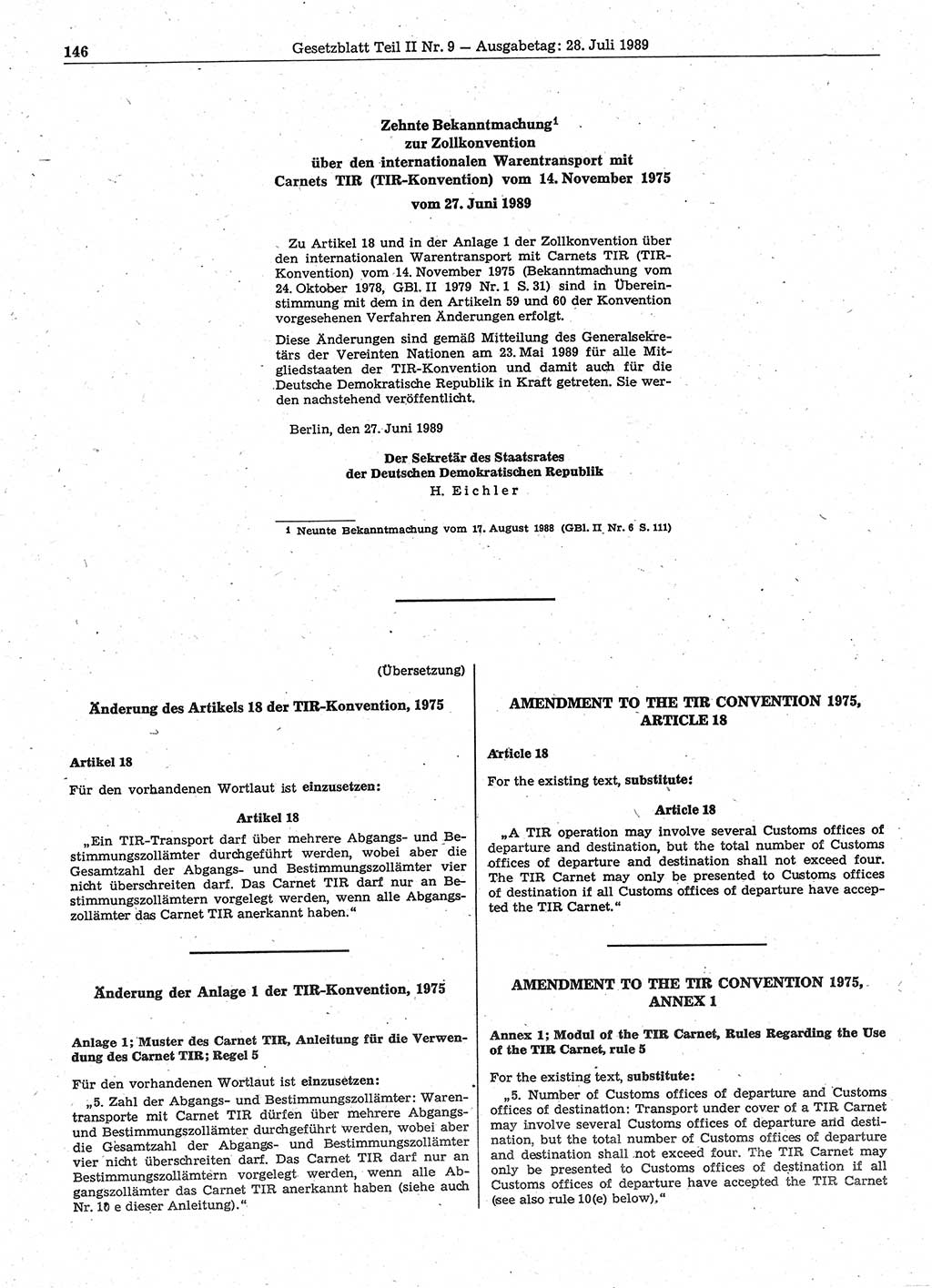 Gesetzblatt (GBl.) der Deutschen Demokratischen Republik (DDR) Teil ⅠⅠ 1989, Seite 146 (GBl. DDR ⅠⅠ 1989, S. 146)