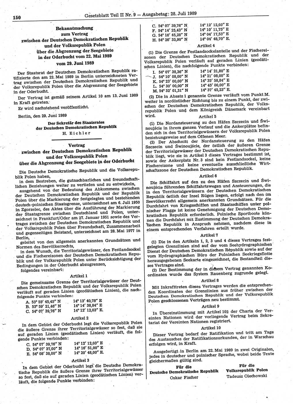 Gesetzblatt (GBl.) der Deutschen Demokratischen Republik (DDR) Teil ⅠⅠ 1989, Seite 150 (GBl. DDR ⅠⅠ 1989, S. 150)