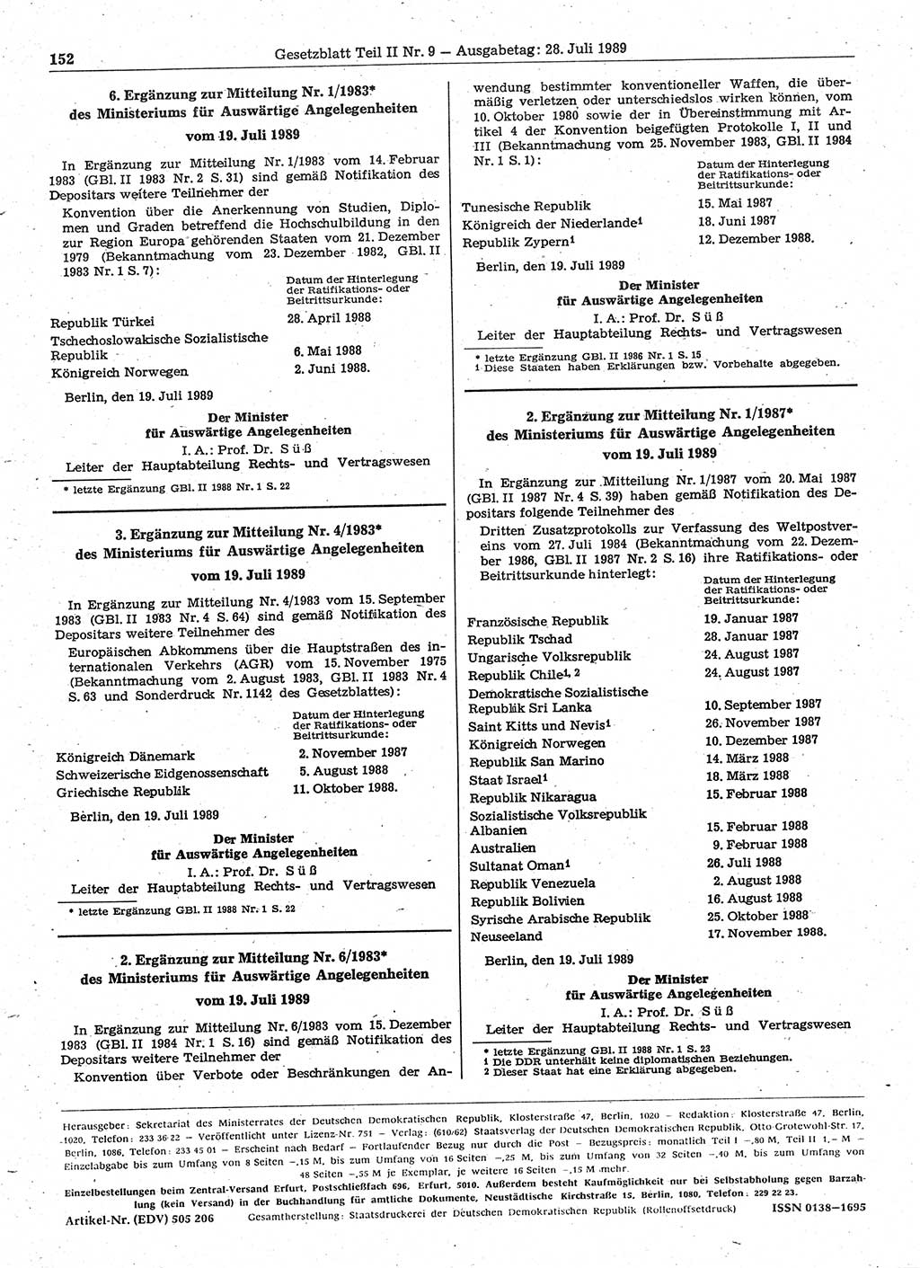 Gesetzblatt (GBl.) der Deutschen Demokratischen Republik (DDR) Teil ⅠⅠ 1989, Seite 152 (GBl. DDR ⅠⅠ 1989, S. 152)