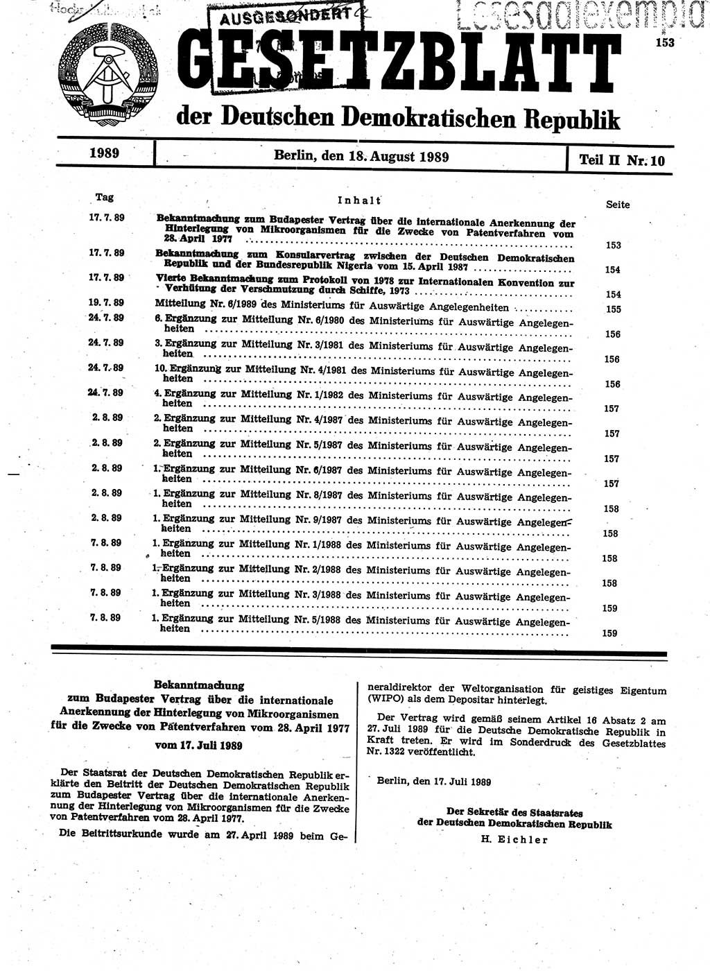 Gesetzblatt (GBl.) der Deutschen Demokratischen Republik (DDR) Teil ⅠⅠ 1989, Seite 153 (GBl. DDR ⅠⅠ 1989, S. 153)