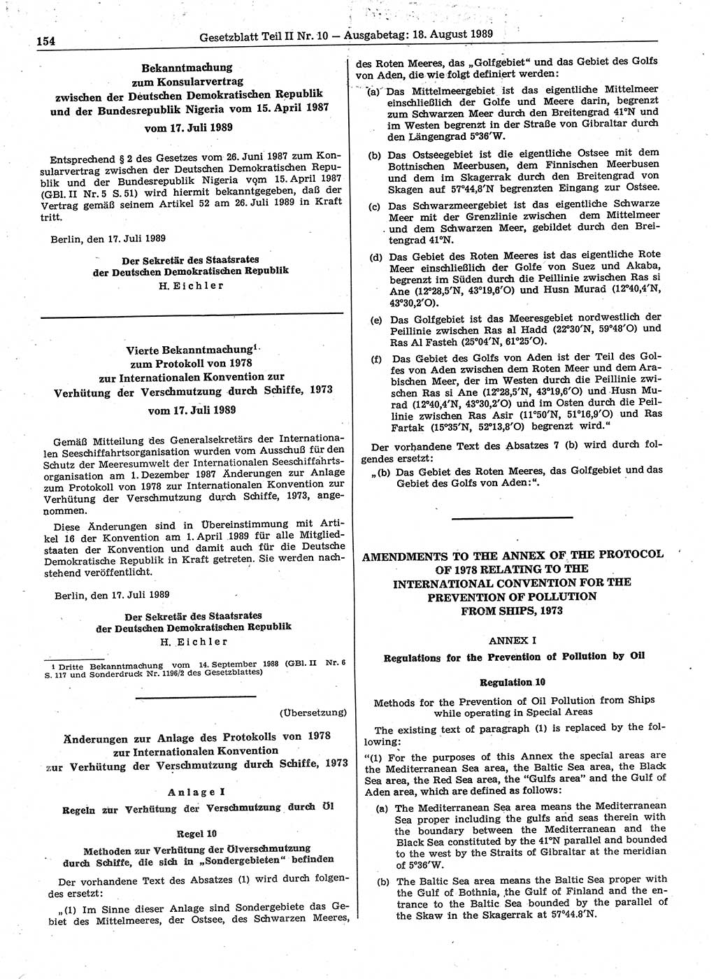 Gesetzblatt (GBl.) der Deutschen Demokratischen Republik (DDR) Teil ⅠⅠ 1989, Seite 154 (GBl. DDR ⅠⅠ 1989, S. 154)