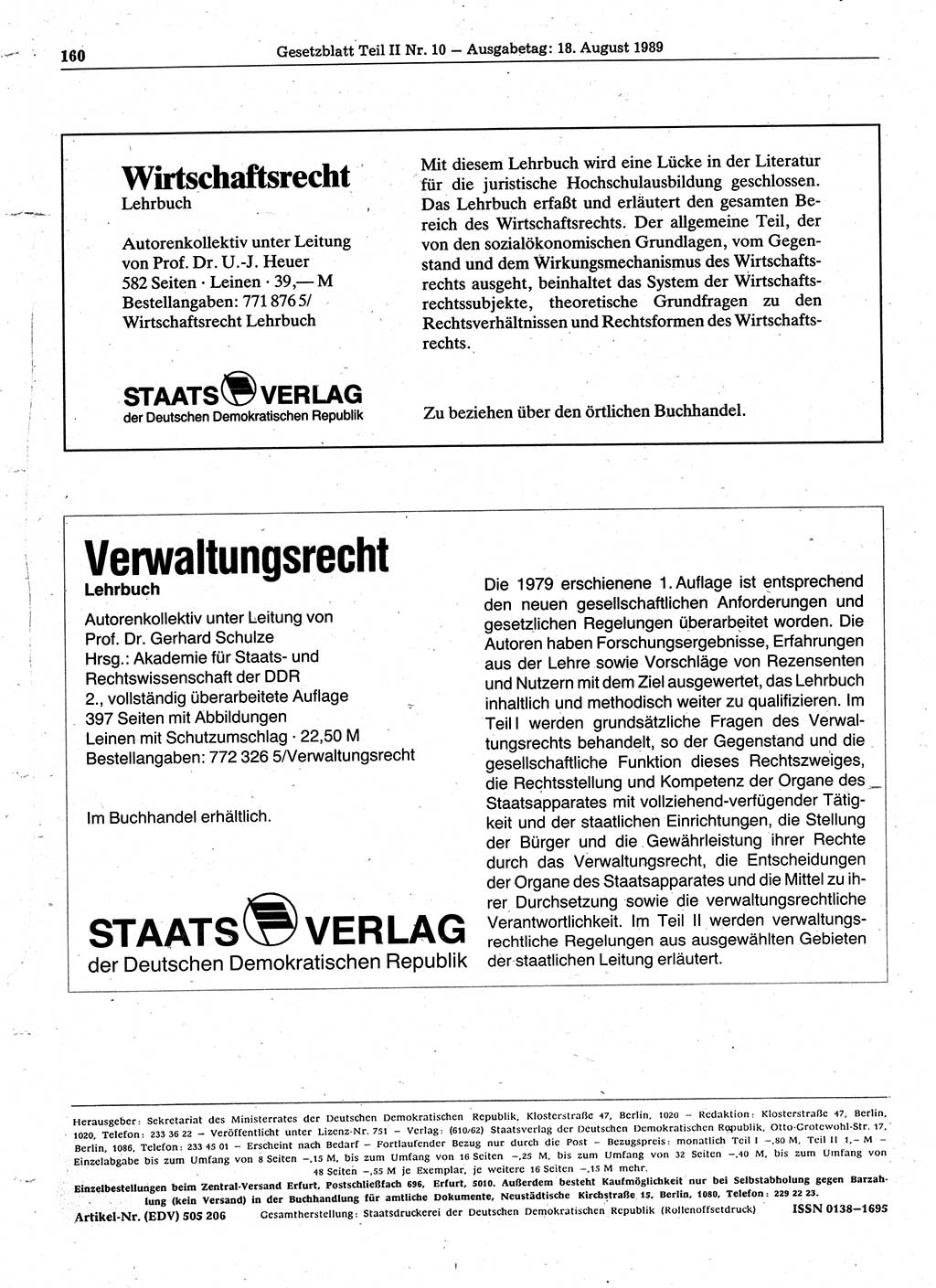 Gesetzblatt (GBl.) der Deutschen Demokratischen Republik (DDR) Teil ⅠⅠ 1989, Seite 160 (GBl. DDR ⅠⅠ 1989, S. 160)