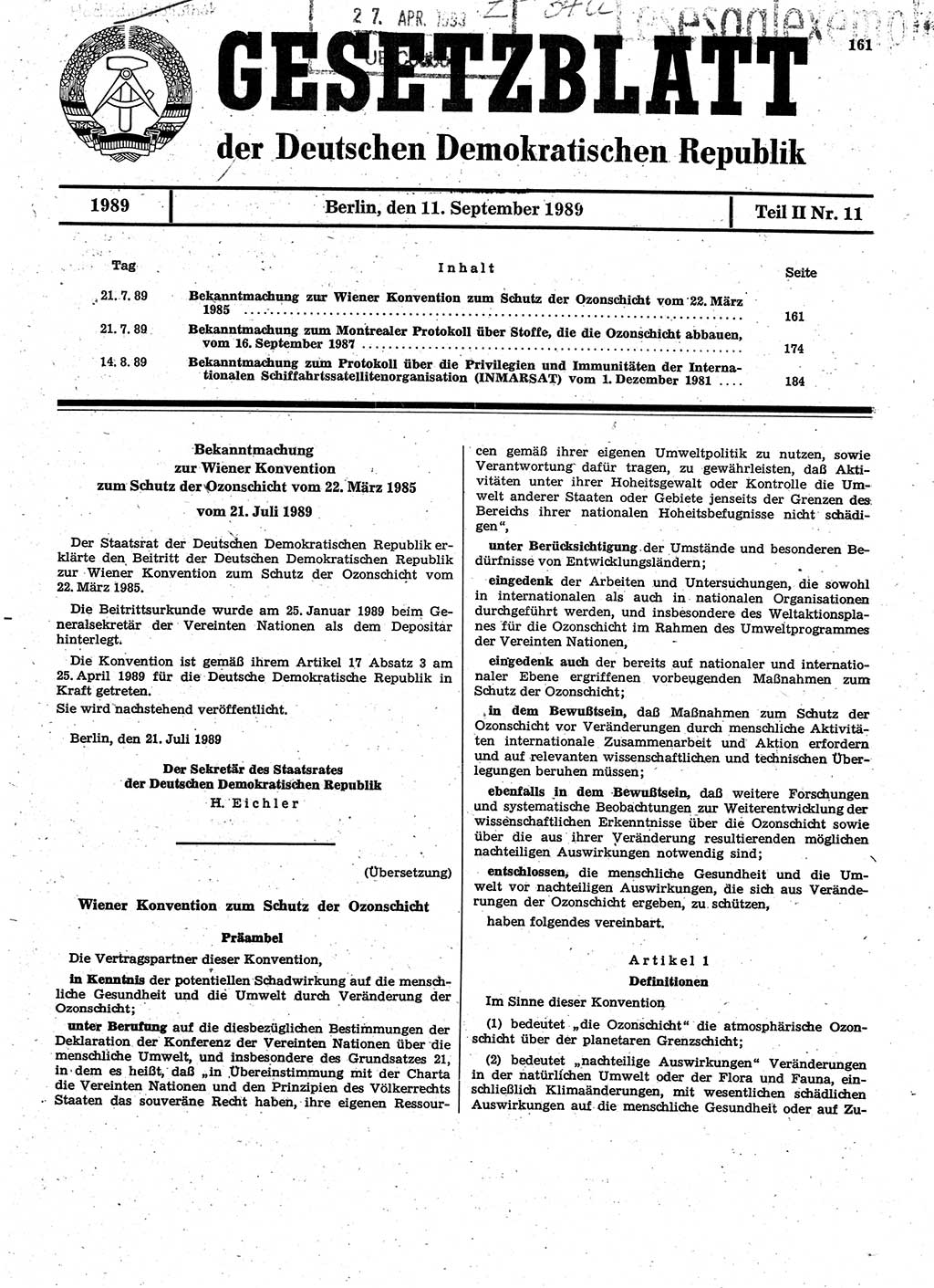 Gesetzblatt (GBl.) der Deutschen Demokratischen Republik (DDR) Teil ⅠⅠ 1989, Seite 161 (GBl. DDR ⅠⅠ 1989, S. 161)