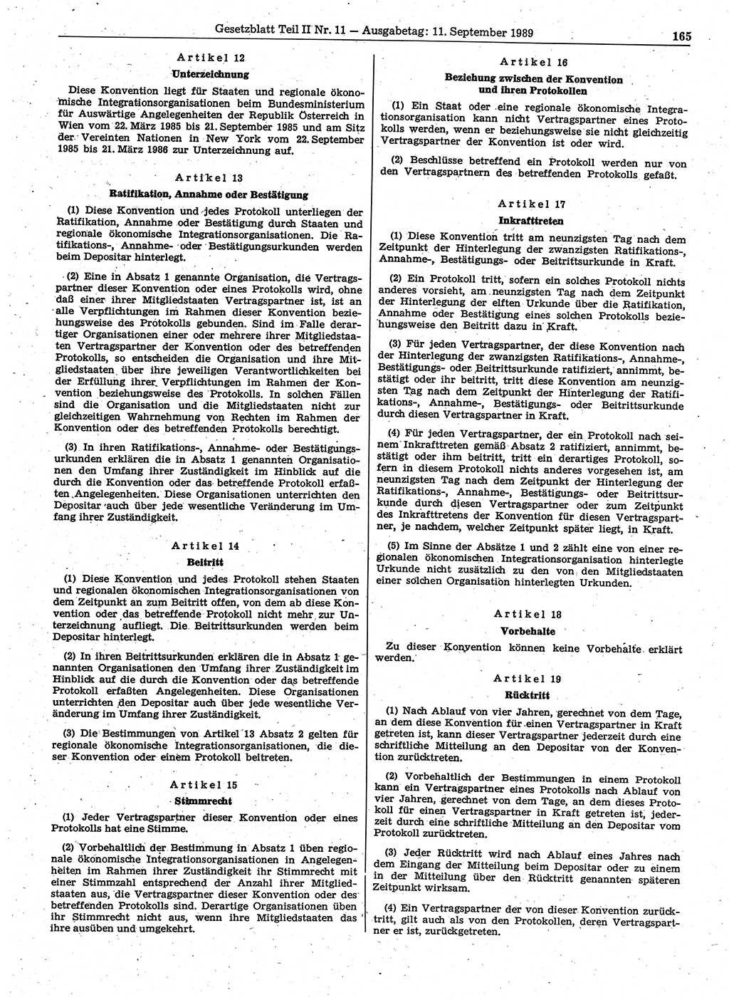 Gesetzblatt (GBl.) der Deutschen Demokratischen Republik (DDR) Teil ⅠⅠ 1989, Seite 165 (GBl. DDR ⅠⅠ 1989, S. 165)