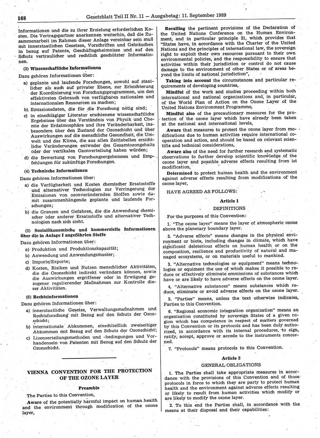 Gesetzblatt (GBl.) der Deutschen Demokratischen Republik (DDR) Teil ⅠⅠ 1989, Seite 168 (GBl. DDR ⅠⅠ 1989, S. 168)