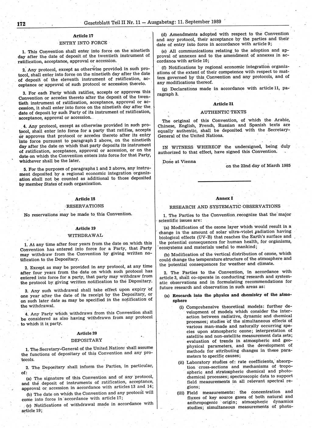 Gesetzblatt (GBl.) der Deutschen Demokratischen Republik (DDR) Teil ⅠⅠ 1989, Seite 172 (GBl. DDR ⅠⅠ 1989, S. 172)