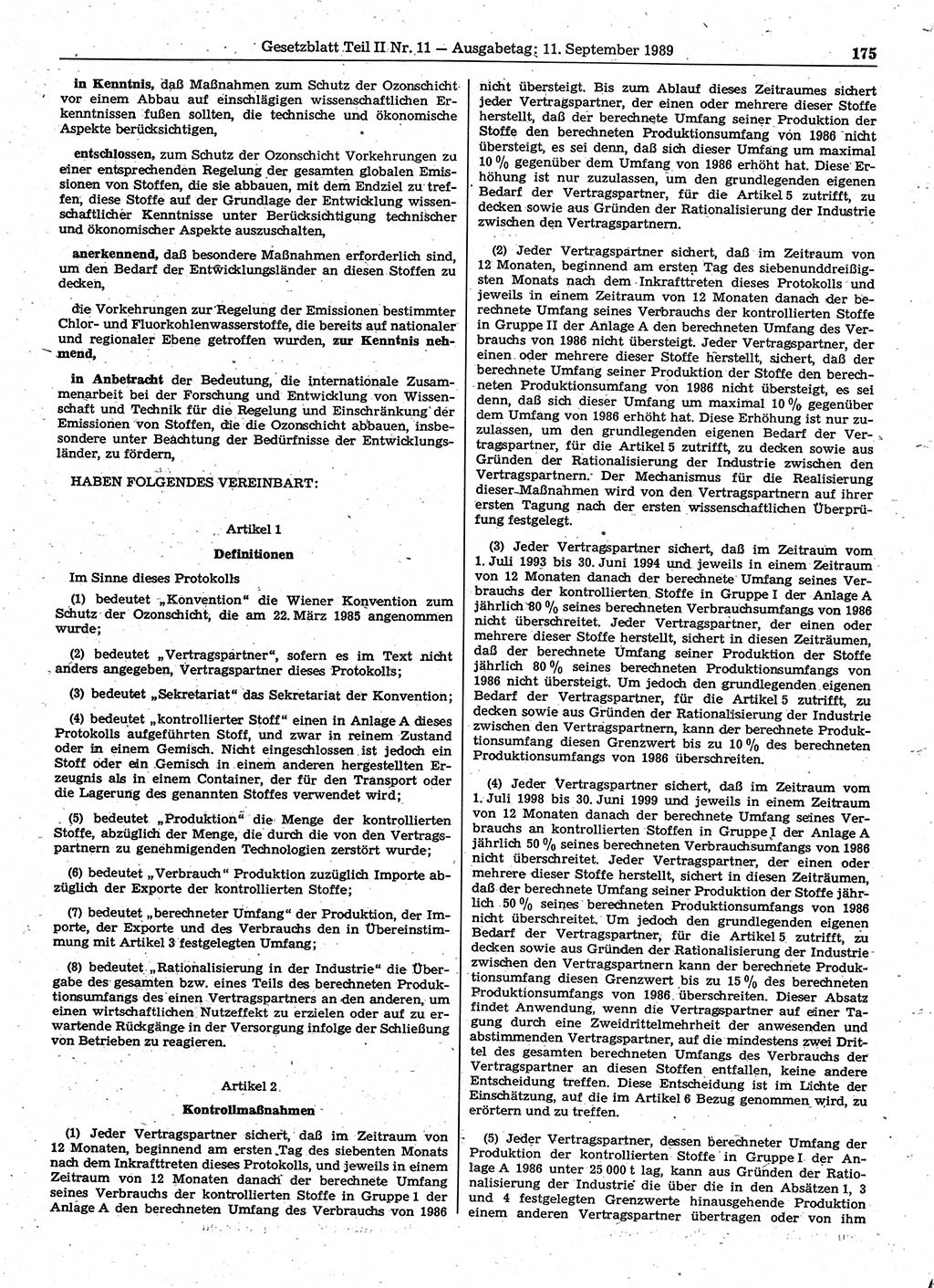 Gesetzblatt (GBl.) der Deutschen Demokratischen Republik (DDR) Teil ⅠⅠ 1989, Seite 175 (GBl. DDR ⅠⅠ 1989, S. 175)