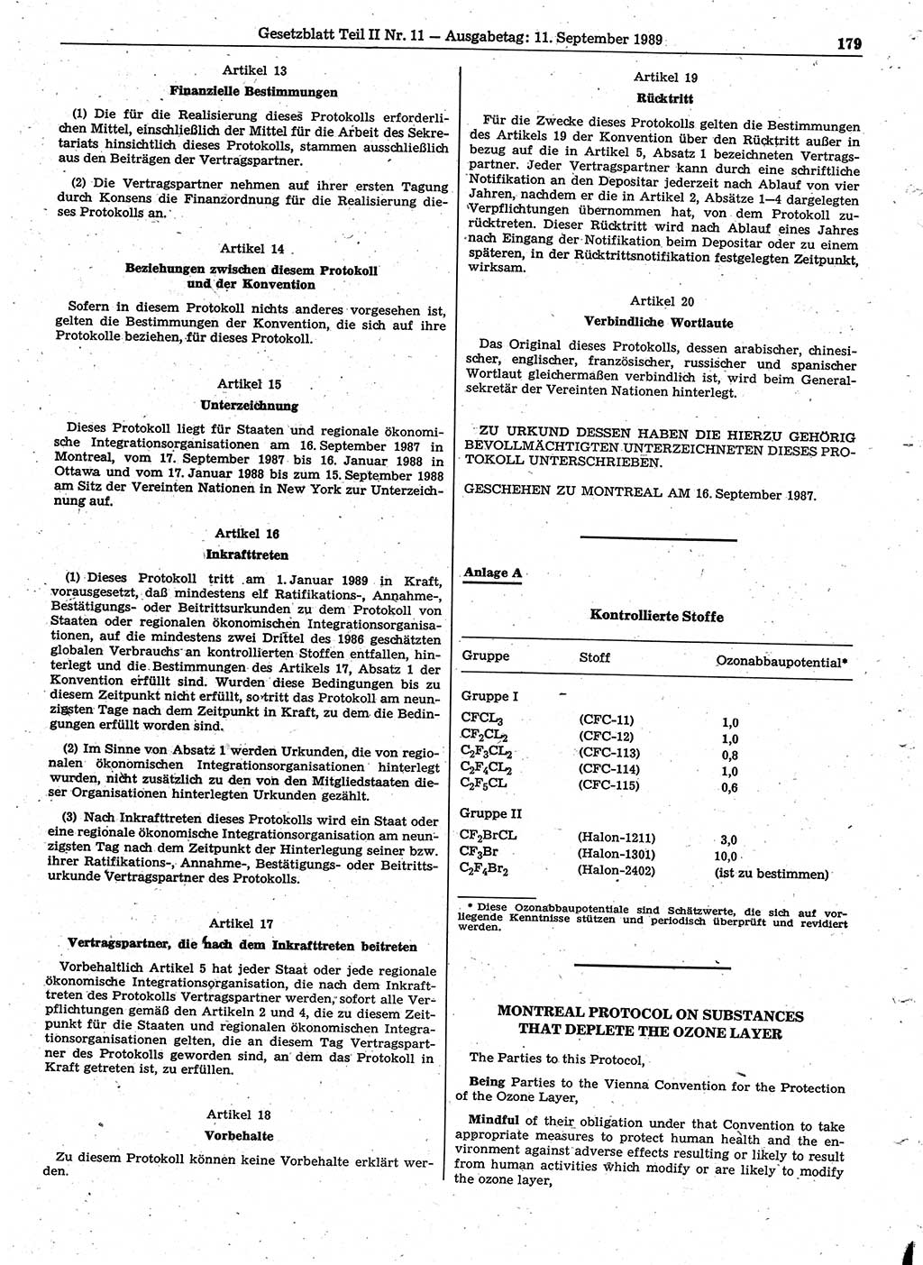 Gesetzblatt (GBl.) der Deutschen Demokratischen Republik (DDR) Teil ⅠⅠ 1989, Seite 179 (GBl. DDR ⅠⅠ 1989, S. 179)