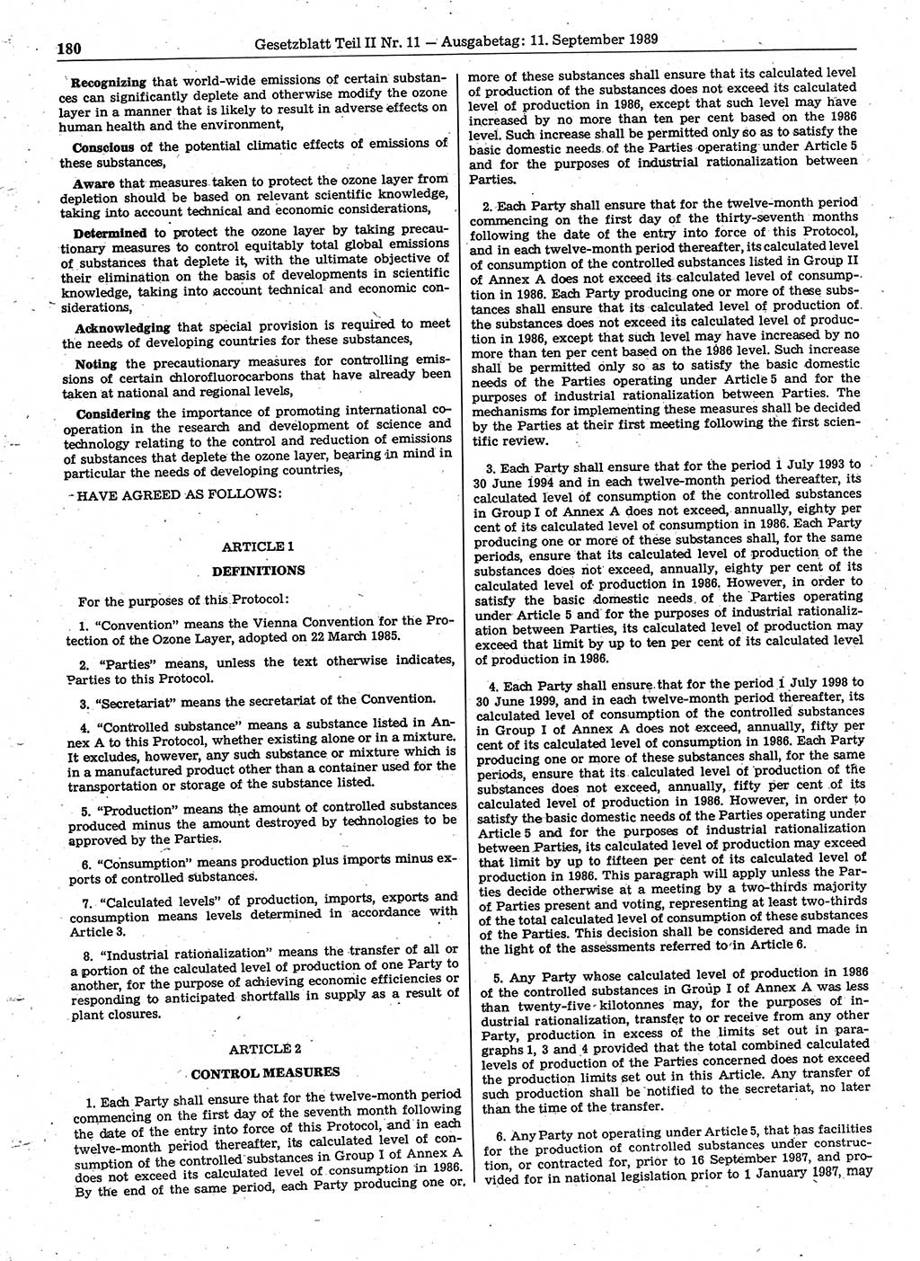 Gesetzblatt (GBl.) der Deutschen Demokratischen Republik (DDR) Teil ⅠⅠ 1989, Seite 180 (GBl. DDR ⅠⅠ 1989, S. 180)