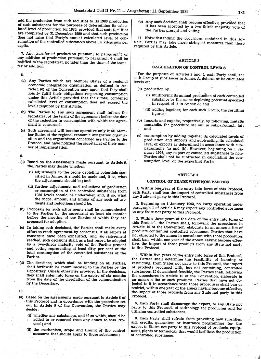 Gesetzblatt (GBl.) der Deutschen Demokratischen Republik (DDR) Teil ⅠⅠ 1989, Seite 181 (GBl. DDR ⅠⅠ 1989, S. 181)