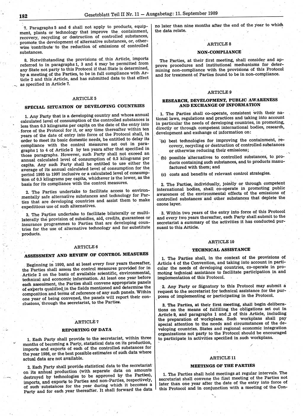 Gesetzblatt (GBl.) der Deutschen Demokratischen Republik (DDR) Teil ⅠⅠ 1989, Seite 182 (GBl. DDR ⅠⅠ 1989, S. 182)