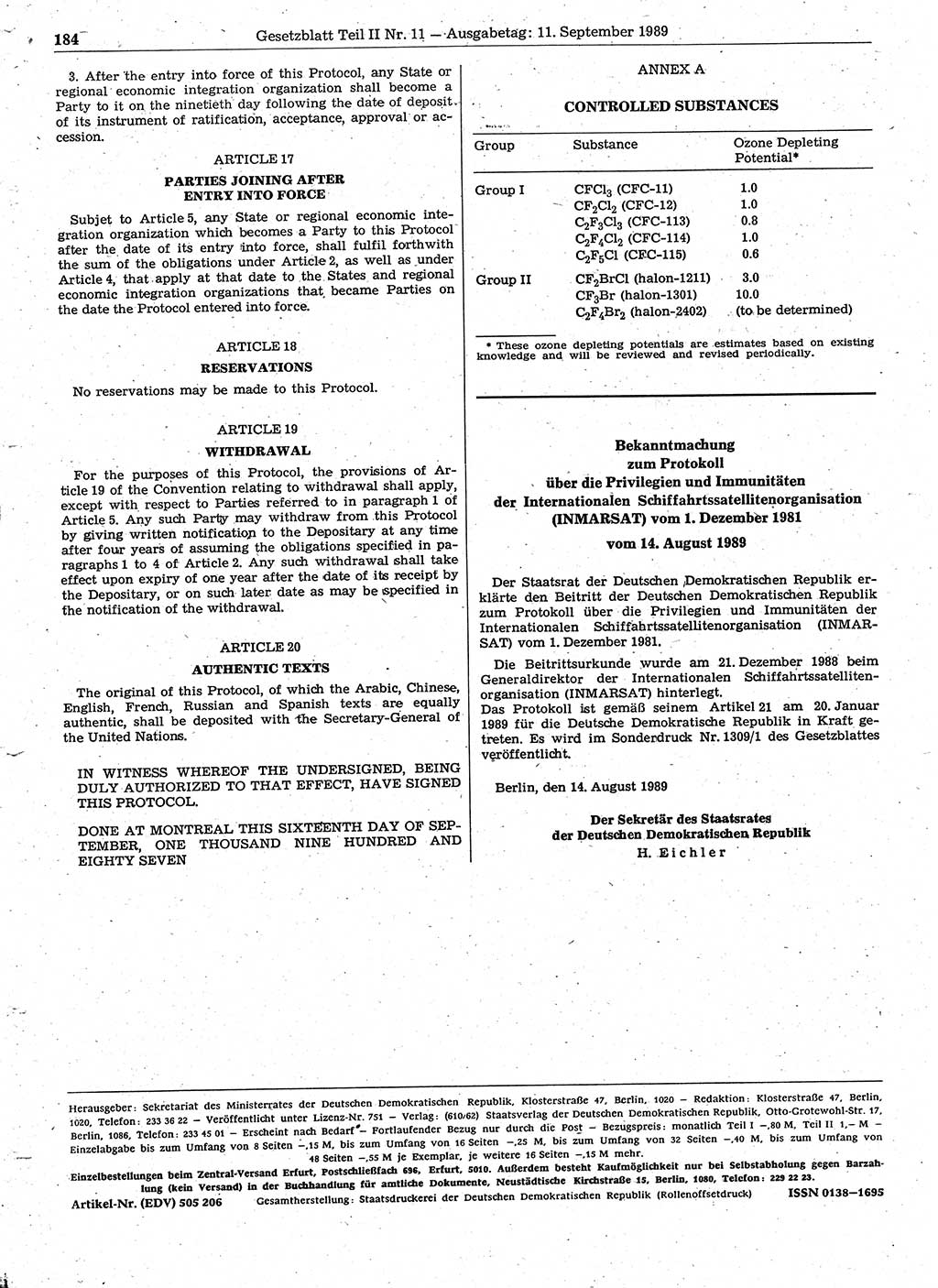 Gesetzblatt (GBl.) der Deutschen Demokratischen Republik (DDR) Teil ⅠⅠ 1989, Seite 184 (GBl. DDR ⅠⅠ 1989, S. 184)