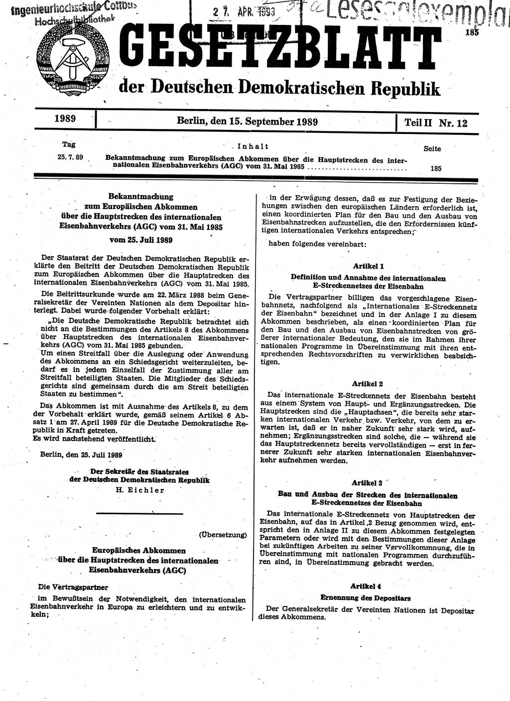Gesetzblatt (GBl.) der Deutschen Demokratischen Republik (DDR) Teil ⅠⅠ 1989, Seite 185 (GBl. DDR ⅠⅠ 1989, S. 185)