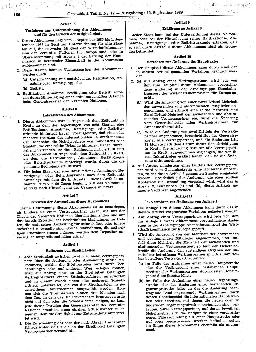 Gesetzblatt (GBl.) der Deutschen Demokratischen Republik (DDR) Teil ⅠⅠ 1989, Seite 186 (GBl. DDR ⅠⅠ 1989, S. 186)