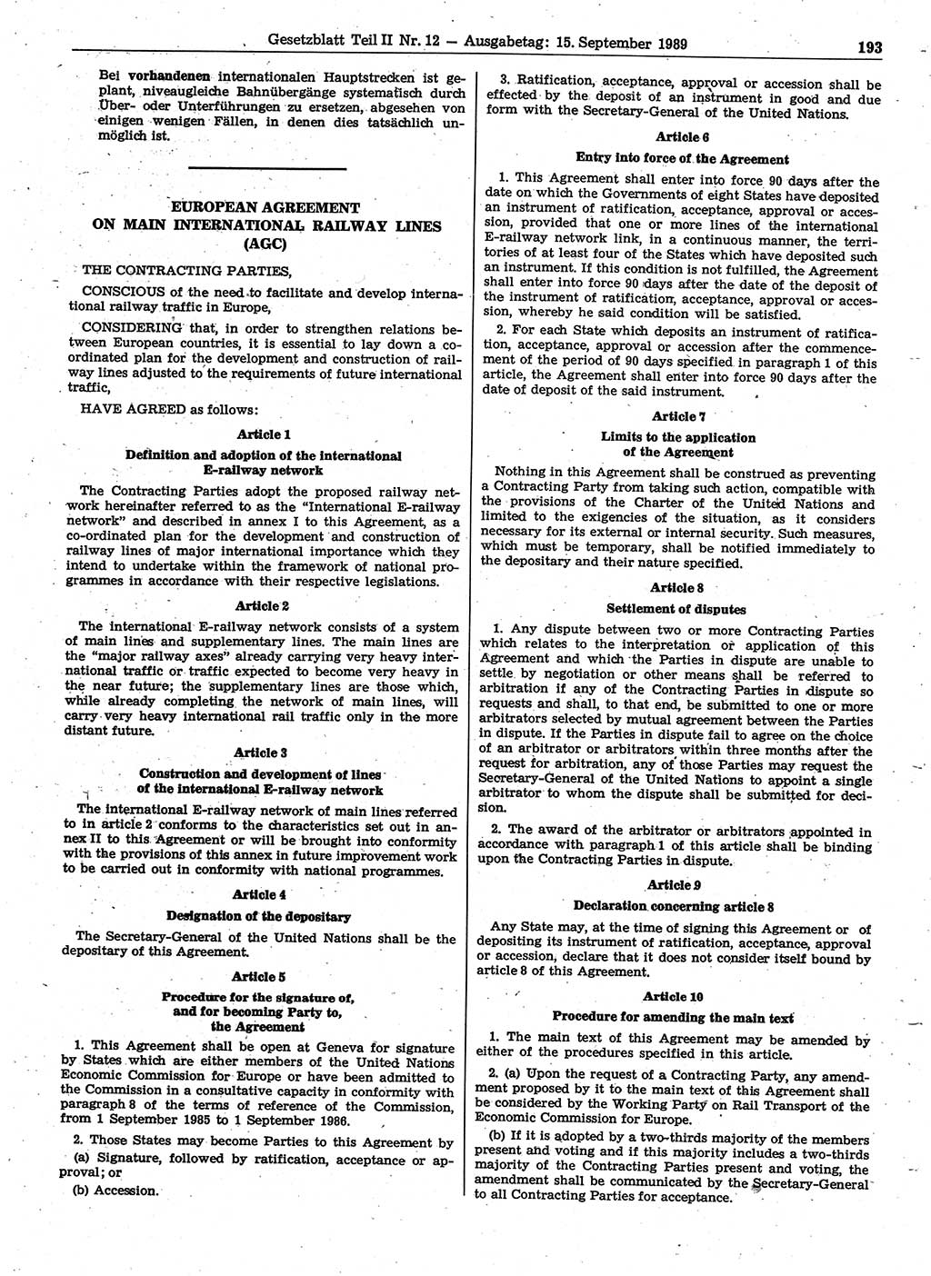 Gesetzblatt (GBl.) der Deutschen Demokratischen Republik (DDR) Teil ⅠⅠ 1989, Seite 193 (GBl. DDR ⅠⅠ 1989, S. 193)