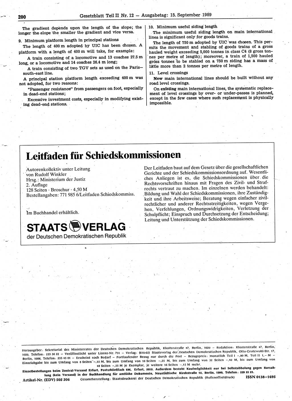 Gesetzblatt (GBl.) der Deutschen Demokratischen Republik (DDR) Teil ⅠⅠ 1989, Seite 200 (GBl. DDR ⅠⅠ 1989, S. 200)