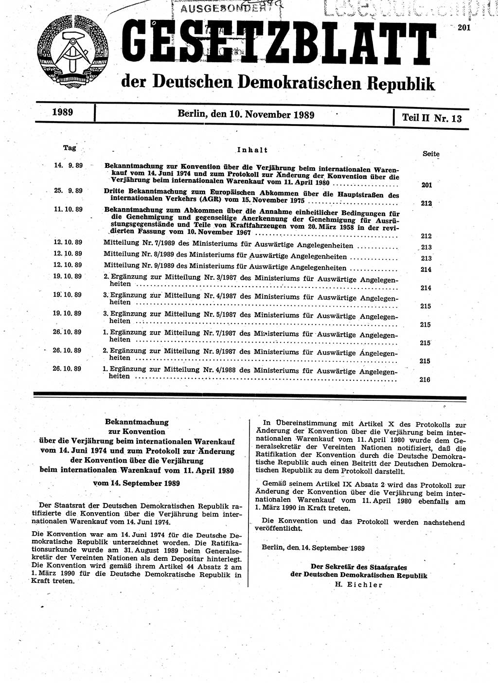 Gesetzblatt (GBl.) der Deutschen Demokratischen Republik (DDR) Teil ⅠⅠ 1989, Seite 201 (GBl. DDR ⅠⅠ 1989, S. 201)