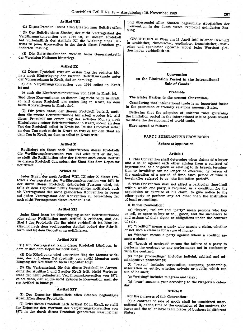 Gesetzblatt (GBl.) der Deutschen Demokratischen Republik (DDR) Teil ⅠⅠ 1989, Seite 207 (GBl. DDR ⅠⅠ 1989, S. 207)