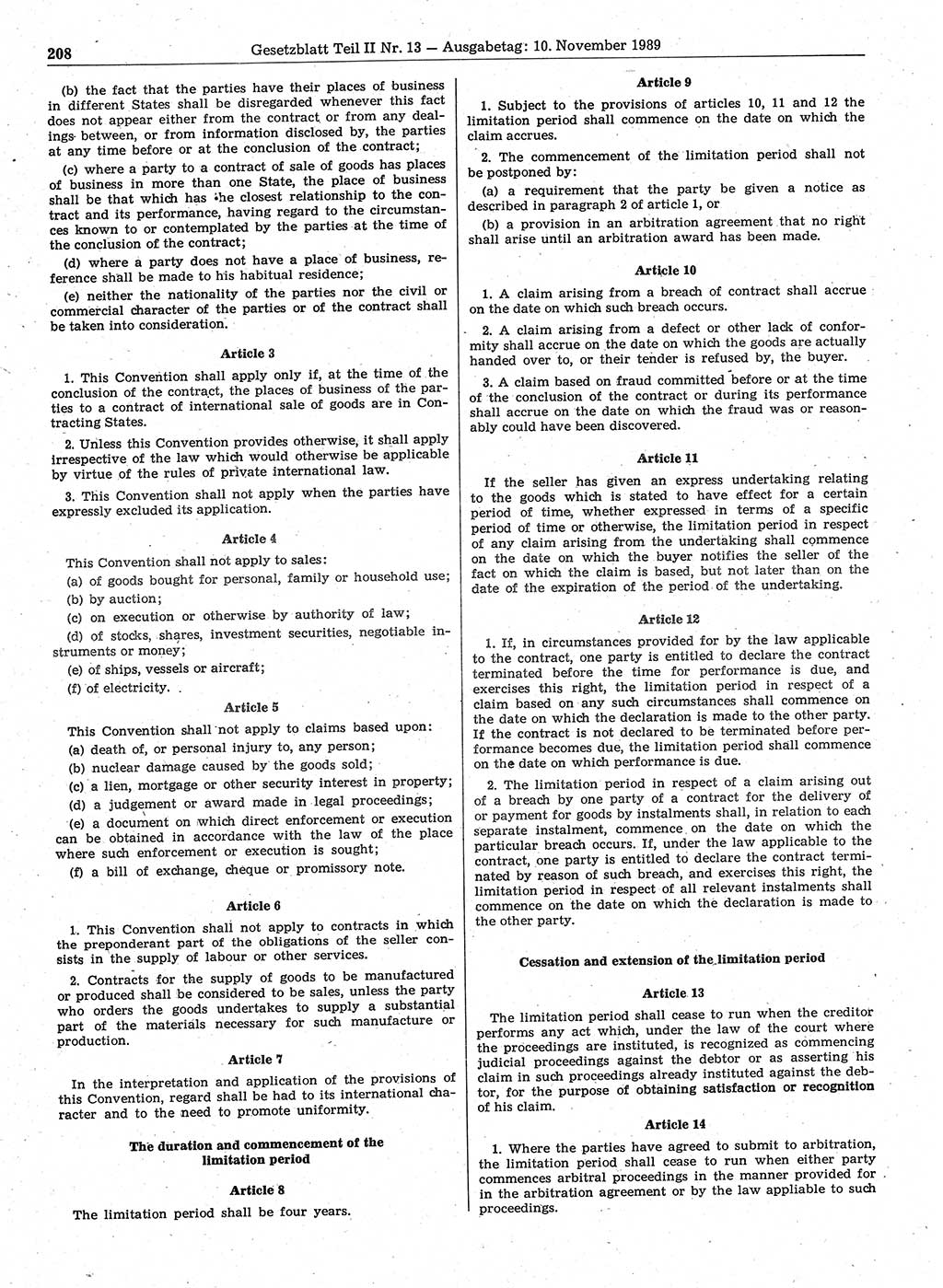 Gesetzblatt (GBl.) der Deutschen Demokratischen Republik (DDR) Teil ⅠⅠ 1989, Seite 208 (GBl. DDR ⅠⅠ 1989, S. 208)