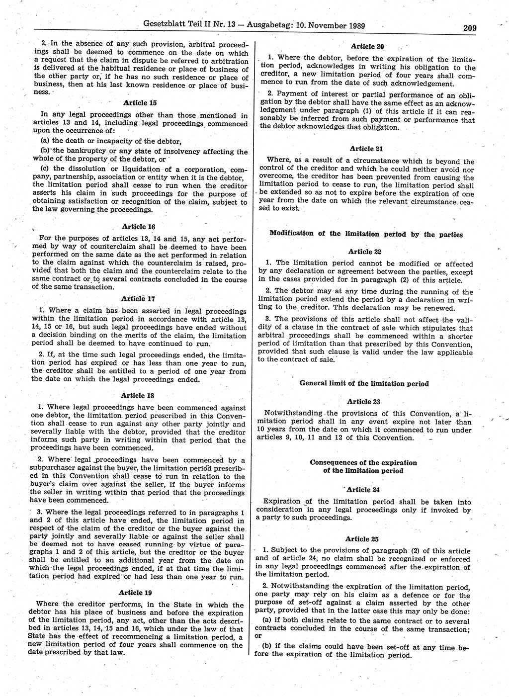 Gesetzblatt (GBl.) der Deutschen Demokratischen Republik (DDR) Teil ⅠⅠ 1989, Seite 209 (GBl. DDR ⅠⅠ 1989, S. 209)