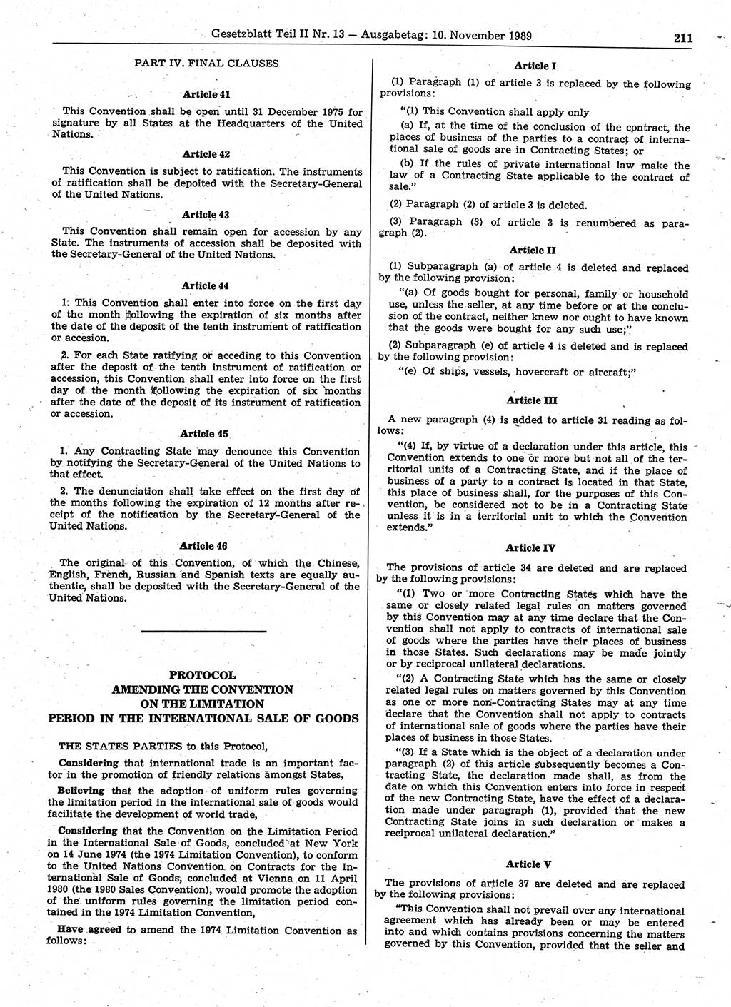 Gesetzblatt (GBl.) der Deutschen Demokratischen Republik (DDR) Teil ⅠⅠ 1989, Seite 211 (GBl. DDR ⅠⅠ 1989, S. 211)