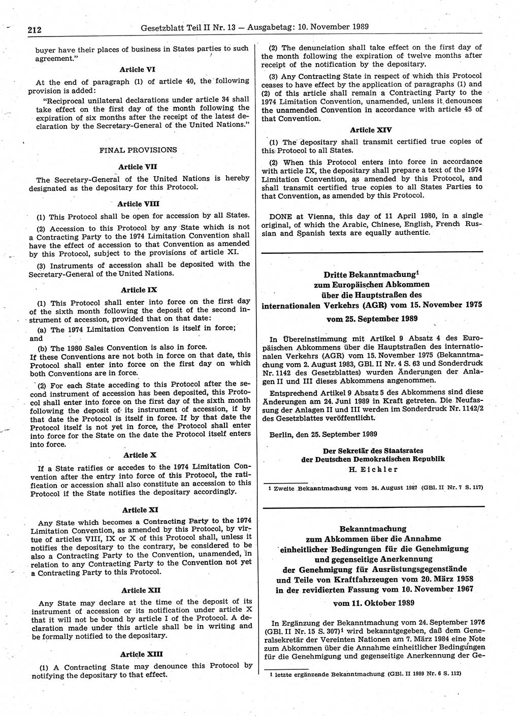 Gesetzblatt (GBl.) der Deutschen Demokratischen Republik (DDR) Teil ⅠⅠ 1989, Seite 212 (GBl. DDR ⅠⅠ 1989, S. 212)