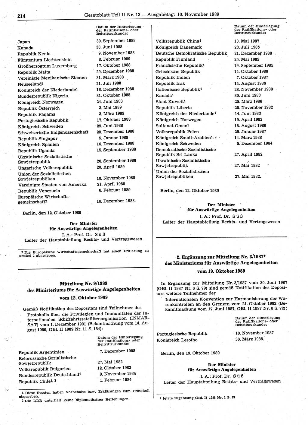Gesetzblatt (GBl.) der Deutschen Demokratischen Republik (DDR) Teil ⅠⅠ 1989, Seite 214 (GBl. DDR ⅠⅠ 1989, S. 214)