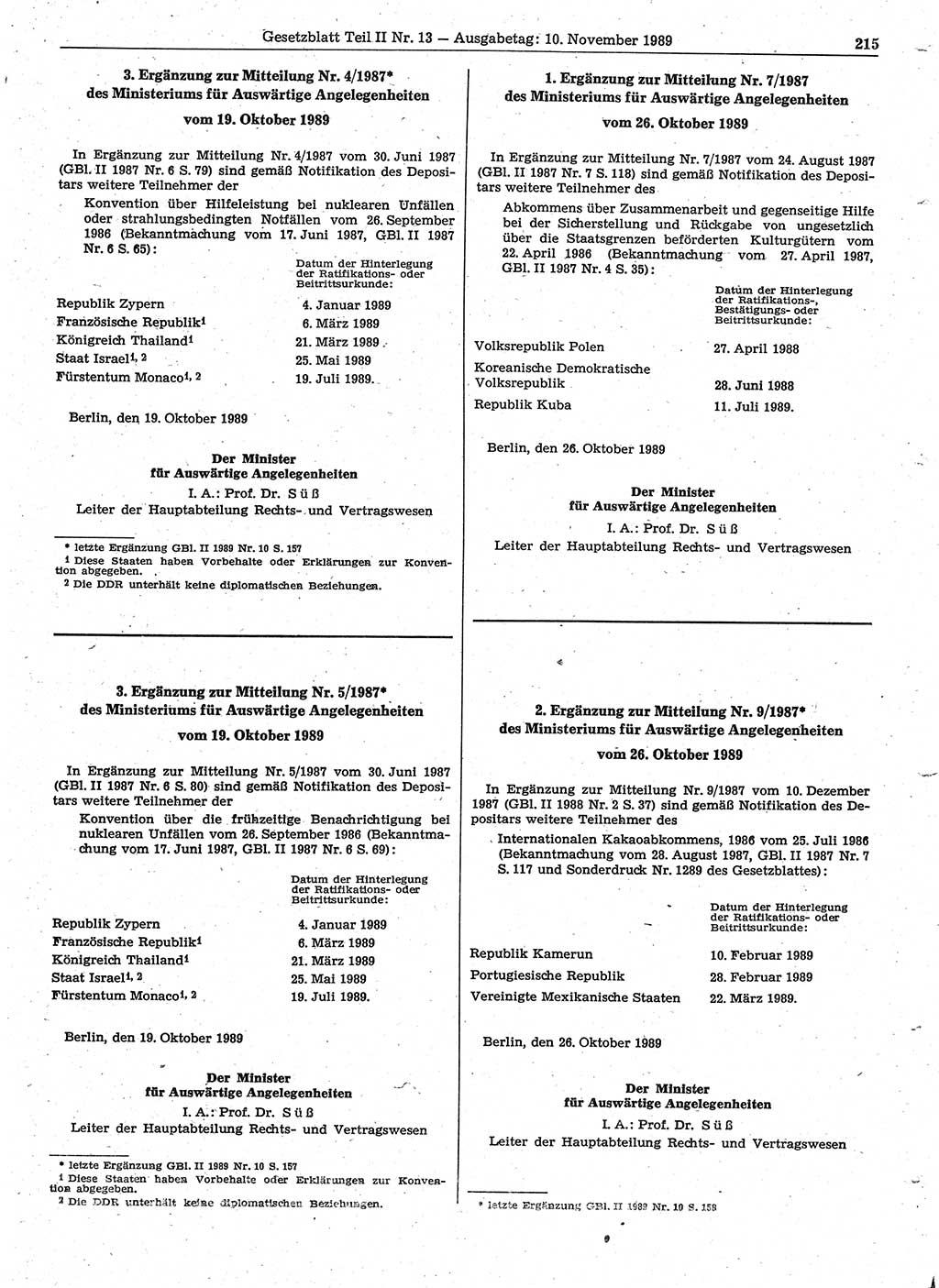Gesetzblatt (GBl.) der Deutschen Demokratischen Republik (DDR) Teil ⅠⅠ 1989, Seite 215 (GBl. DDR ⅠⅠ 1989, S. 215)
