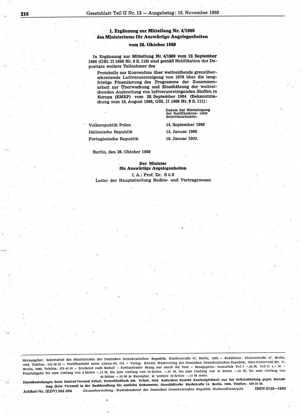 Gesetzblatt (GBl.) der Deutschen Demokratischen Republik (DDR) Teil ⅠⅠ 1989, Seite 216 (GBl. DDR ⅠⅠ 1989, S. 216)