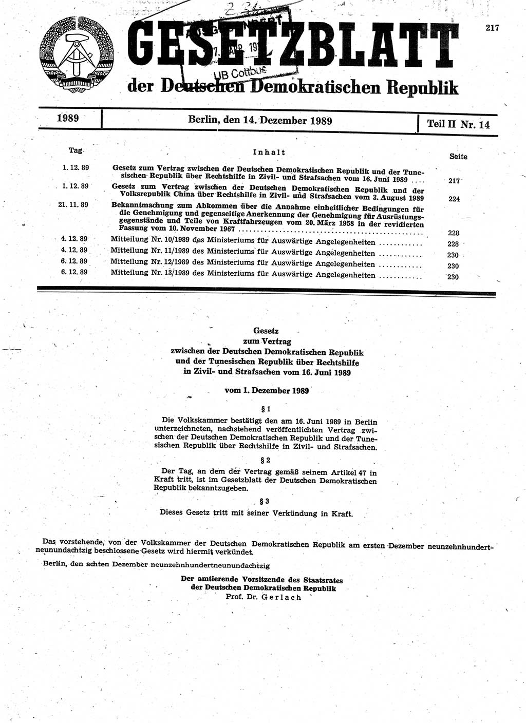 Gesetzblatt (GBl.) der Deutschen Demokratischen Republik (DDR) Teil ⅠⅠ 1989, Seite 217 (GBl. DDR ⅠⅠ 1989, S. 217)